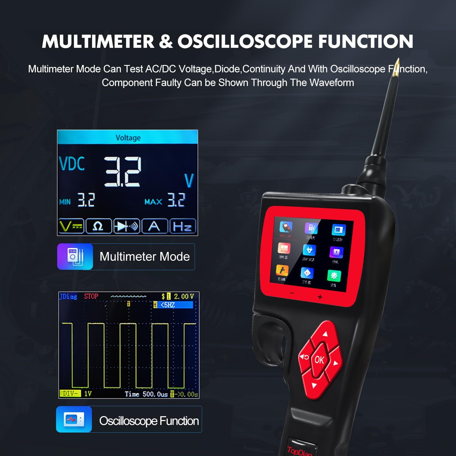 Topdiag P200 Power Circuit Probe Kit - Advanced Automotive Electrical System Multimeter, Oscilloscope, Automotive Circuit Tester, Fuel Injector Activator, Short Circuit Finder - 9~30V