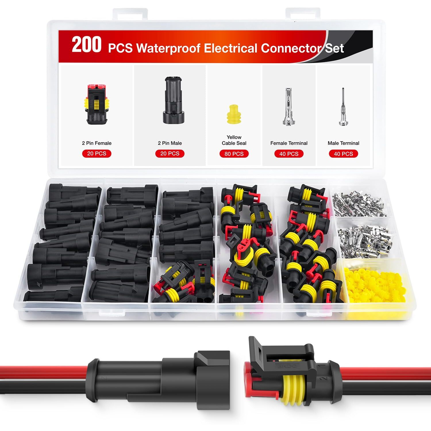Nilight 200Pcs 2 Pin Electrical Connector Plug Male Female Terminal Wire Connector Waterproof Connectors 2 Way Automotive Connect Set For Car Truck Motorcycle Marine Boat 20 Sets, 2 Years Warranty