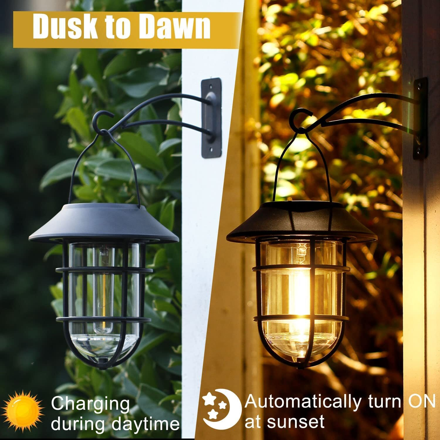 Solar Lantern Outdoor Hanging Solar Lights, Waterproof Metal Solar Outdoor Lights With Clear Glass, Led Edison Bulbs Decorative Wall Lantern With Hooks, No Wiring Required, 2 Pack