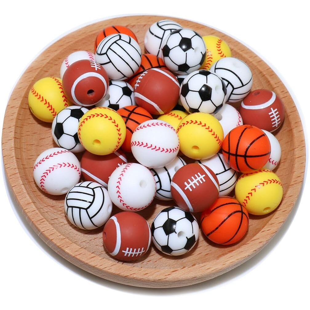 36Pcs Silicone Beads For Pens Keychain Making 12Mm Bulk Baseball Basketball Football Sport Focal Silicone Loose Beads Bracelet Necklace Diy Craft Jewelry Supplies