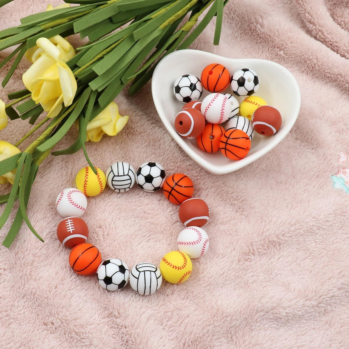 36Pcs Silicone Beads For Pens Keychain Making 12Mm Bulk Baseball Basketball Football Sport Focal Silicone Loose Beads Bracelet Necklace Diy Craft Jewelry Supplies