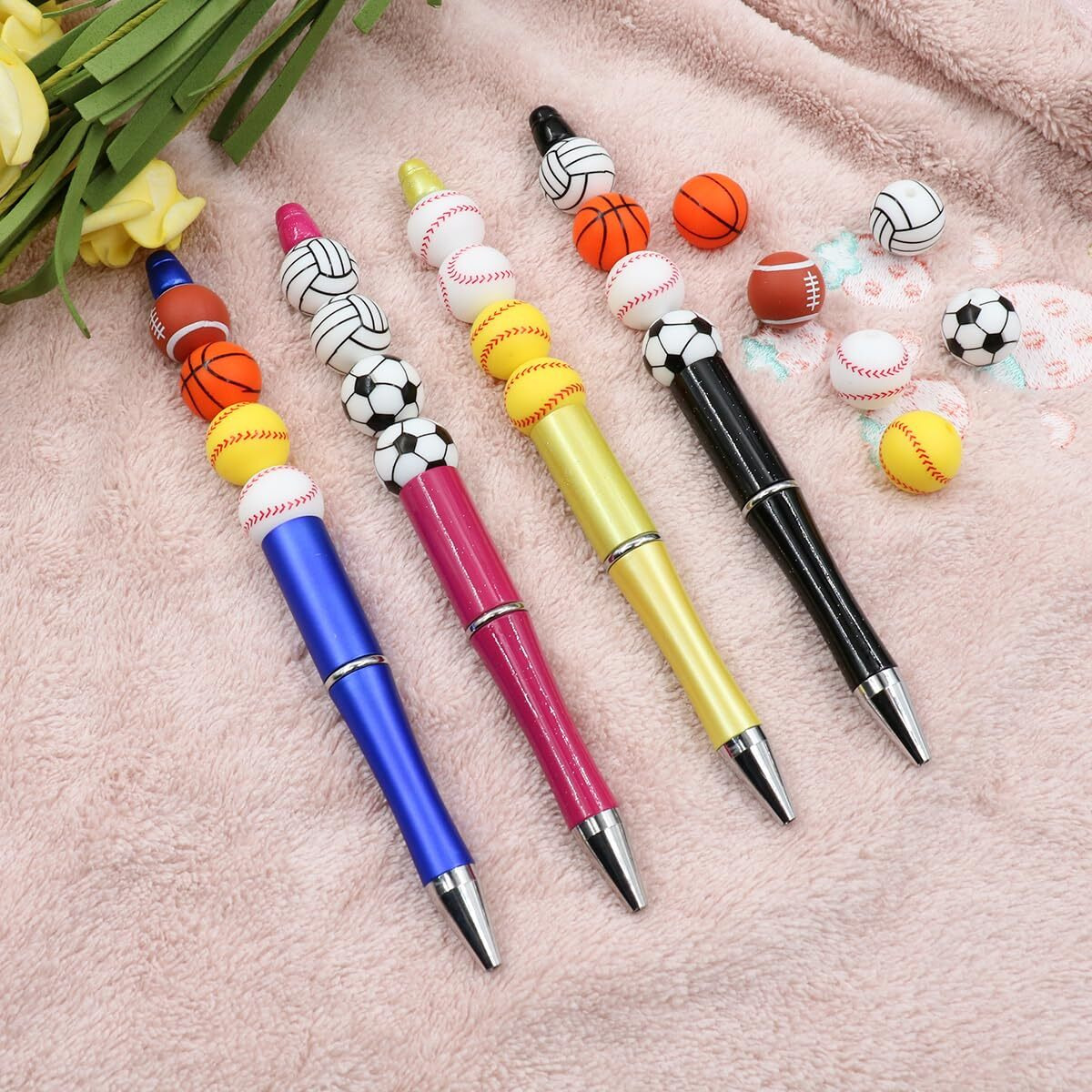 36Pcs Silicone Beads For Pens Keychain Making 12Mm Bulk Baseball Basketball Football Sport Focal Silicone Loose Beads Bracelet Necklace Diy Craft Jewelry Supplies