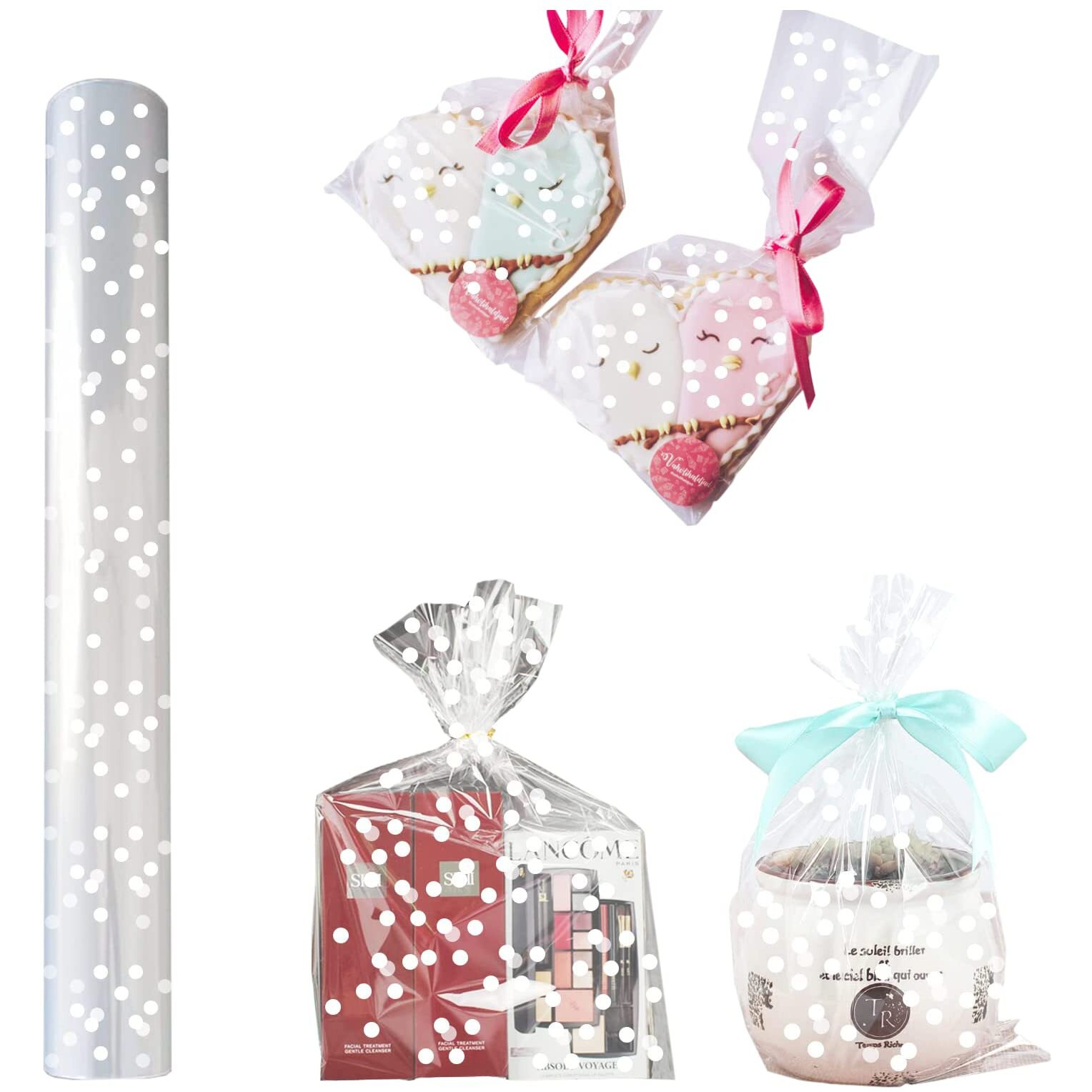 Ilovepaper Clear Cellophane Wrap Roll 33'' X 115' Ft, Thick (White Dot) Clear Cellophane Wrapping Paper | Wrap Roll | Cellophane Roll | Cellophane Wrap For Gifts, Baskets, Flowers