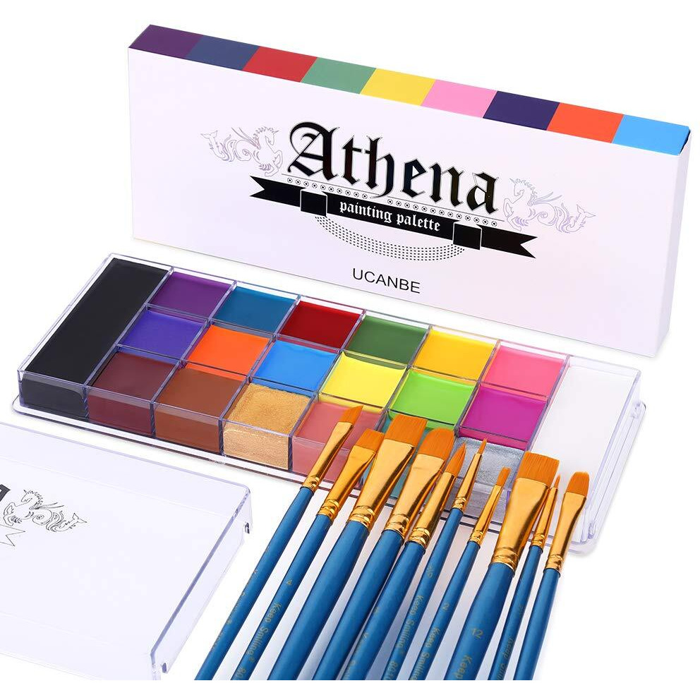 Ucanbe Face Body Paint Set-Athena Painting Palette,10 Professional Artist Brush,Large Deep Pan Ideal For Halloween Cosplay Party Sfx Arty Stage Makeup