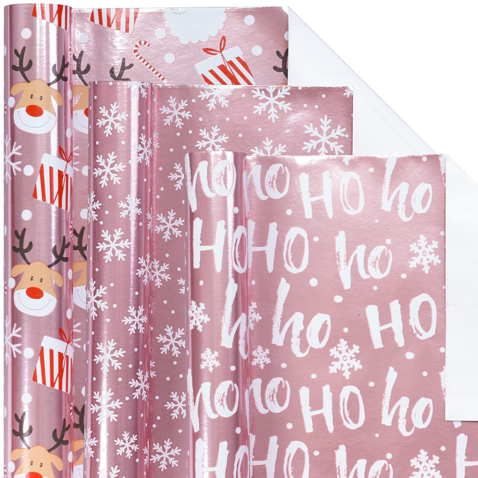 Lezakaa Christmas Wrapping Paper Mini Roll, Pink Metallic Foil Shine Paper - Snowflakes/Santa Claus/Ho Print For Gift Wrap, Arts Crafts - 17 X 120 Inches - 3 Rolls (42.5 Sq.Ft.Ttl.)