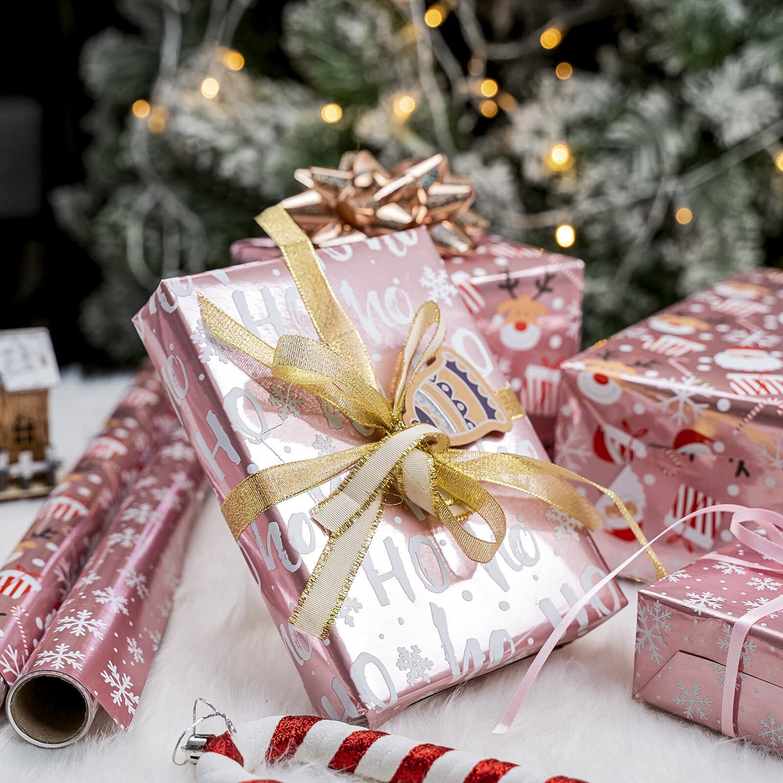 Lezakaa Christmas Wrapping Paper Mini Roll, Pink Metallic Foil Shine Paper - Snowflakes/Santa Claus/Ho Print For Gift Wrap, Arts Crafts - 17 X 120 Inches - 3 Rolls (42.5 Sq.Ft.Ttl.)