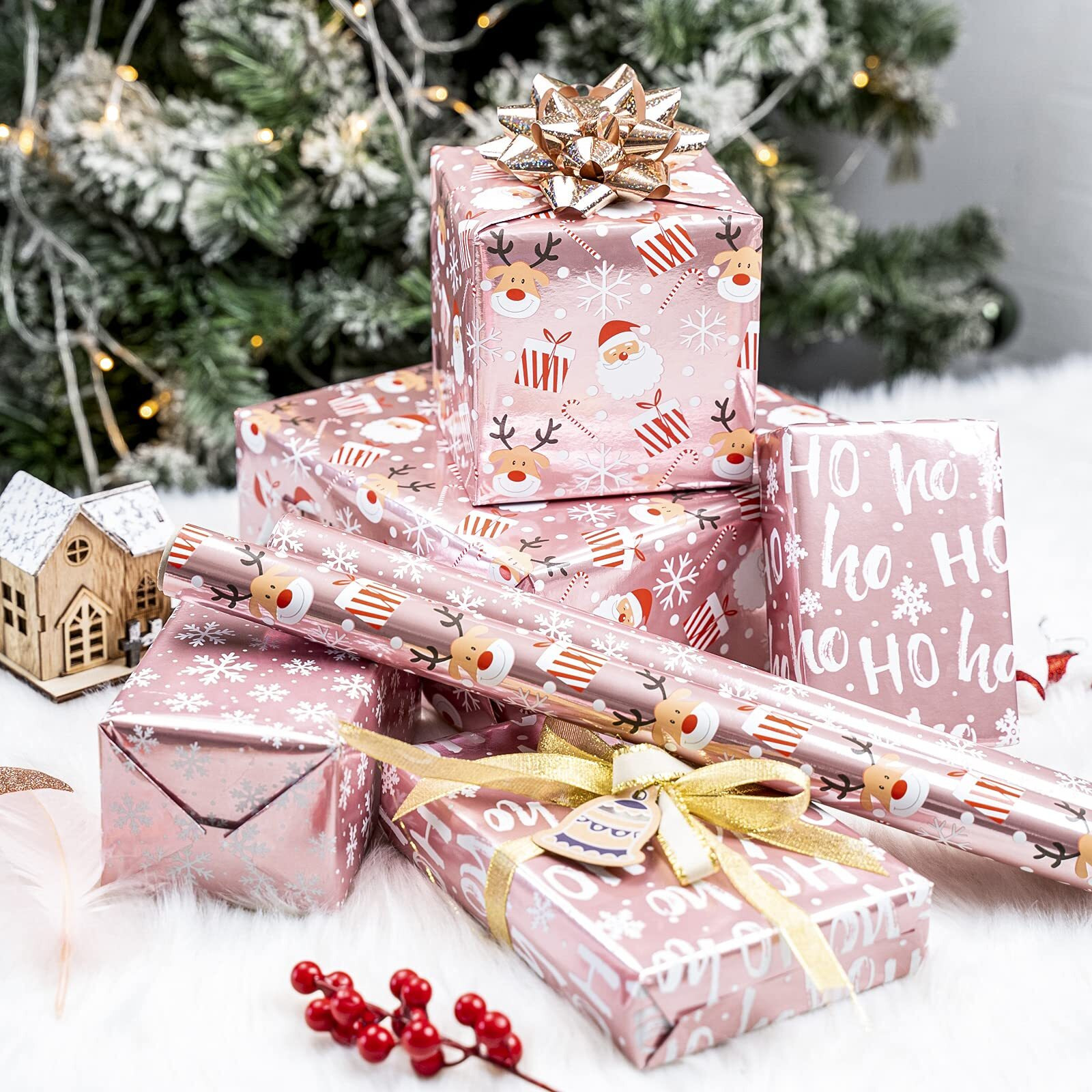 Lezakaa Christmas Wrapping Paper Mini Roll, Pink Metallic Foil Shine Paper - Snowflakes/Santa Claus/Ho Print For Gift Wrap, Arts Crafts - 17 X 120 Inches - 3 Rolls (42.5 Sq.Ft.Ttl.)