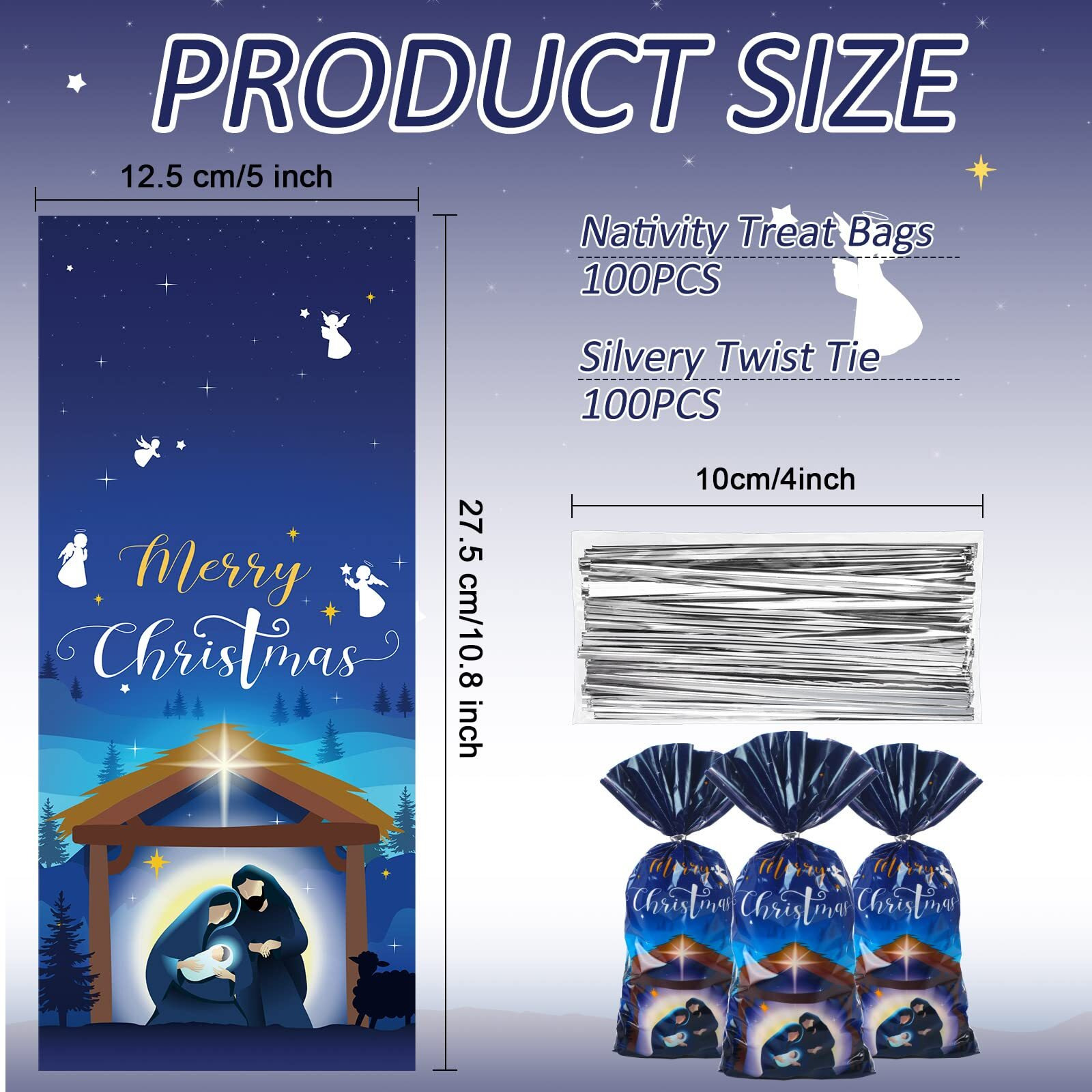 Funrous 100 Pack Holy Nativity Cellophane Gift Bag Religious Christmas Plastic Treat Bag Xmas Nativity Cello Goody Bags With Ties For Kids Birthday Party Christmas Party Decorations Supplies