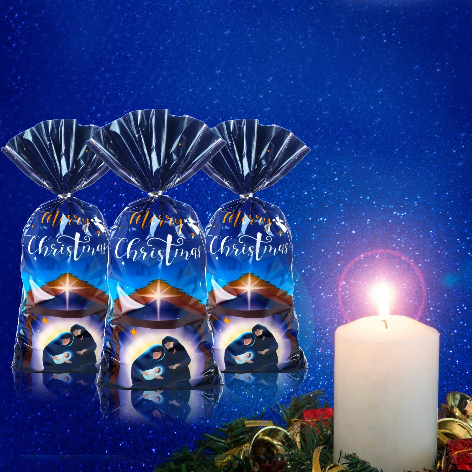Funrous 100 Pack Holy Nativity Cellophane Gift Bag Religious Christmas Plastic Treat Bag Xmas Nativity Cello Goody Bags With Ties For Kids Birthday Party Christmas Party Decorations Supplies