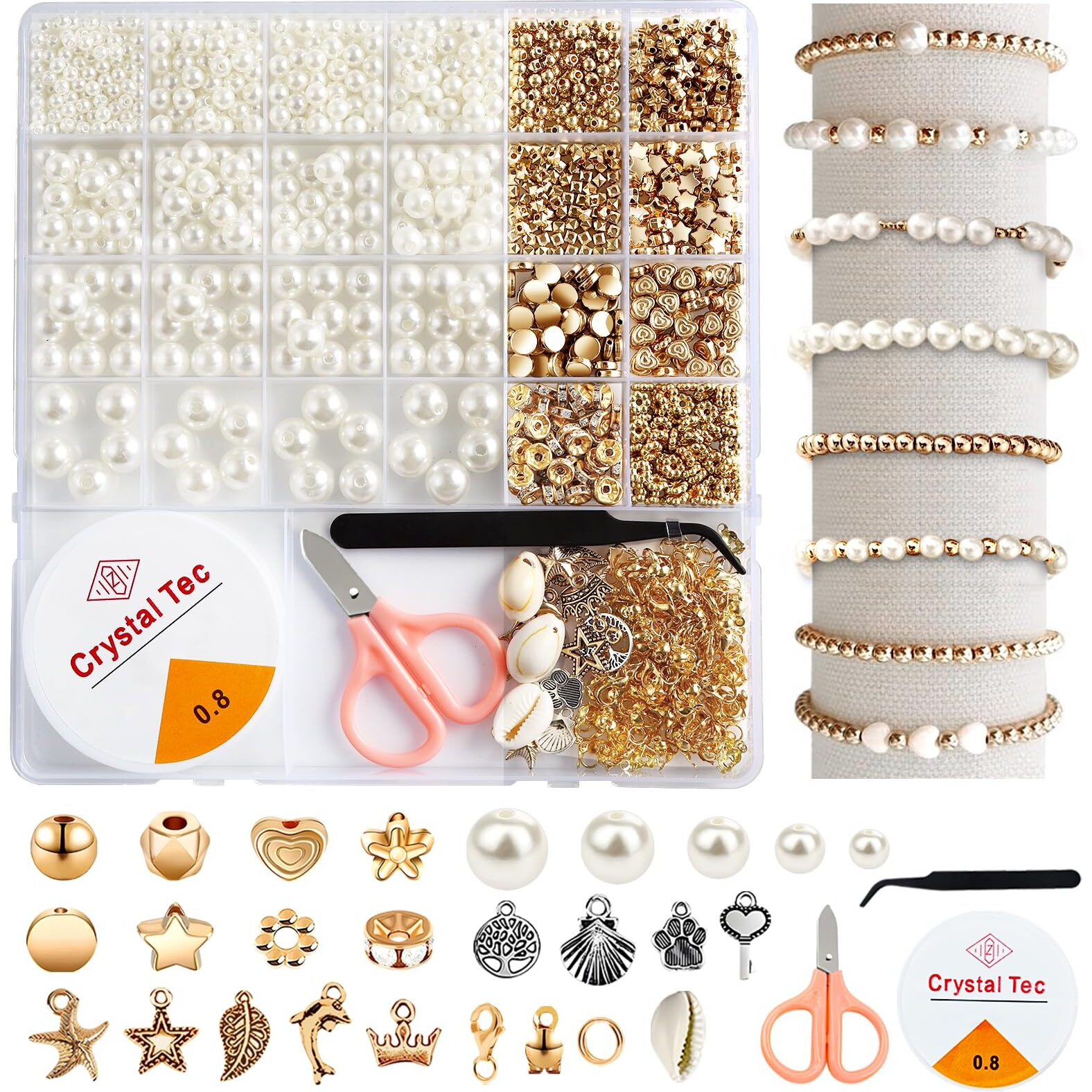 1200 Pcs Pearl Beads And Gold Spacer Beads Set For Jewelry Bracelet Making Kit With String And Charms For Adults Diy Art And Craft For Girls Friendship Bracelet For Necklace And Earring Supplies