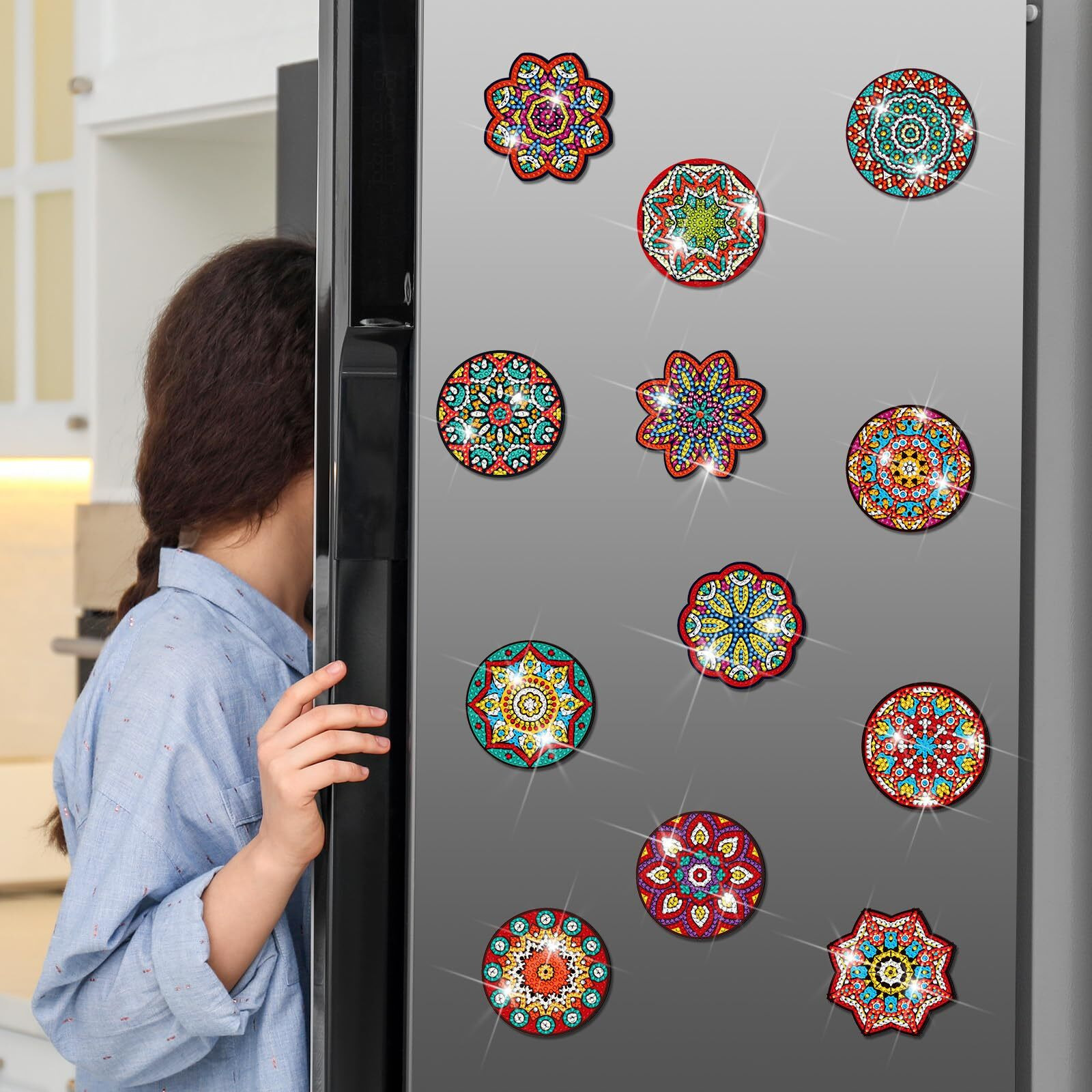 Zonon 12 Pcs Refrigerator Diamond Painting Magnets Easy Diamond Painting Kits Fridge Diamond Art Magnets Diamond Art Kits Diamond Painting Stickers For Adults Diy Home Decors(Vintage Mandala)