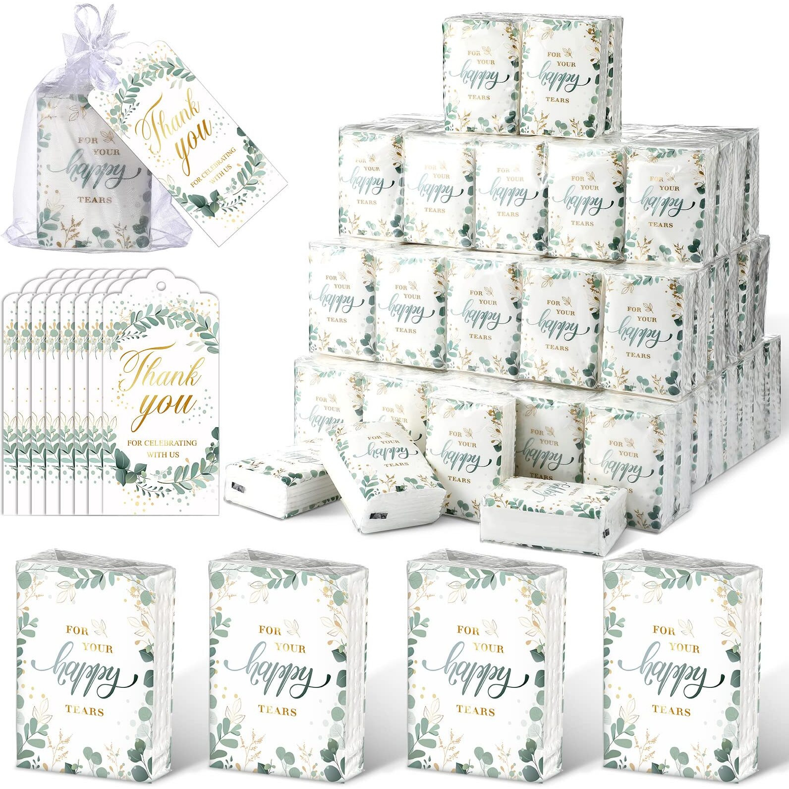 100 Packs Wedding Tissues Happy Tears Tissue Packs For Wedding Guests Wedding Favors Facial Tissues Travel Size With 100 Thank You Cards And 100 Organza Bags For Wedding Welcome Bag Stuffers