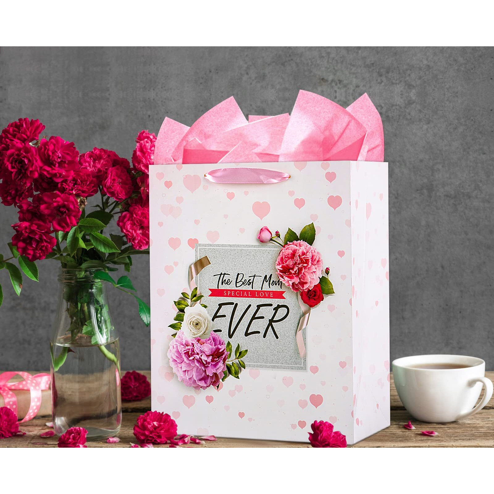 Whatsign Mothers Day Gift Bags With Handle 13"" Large Mother's Day Best Mom Ever Gifts Bags With Tissue Paper Happy Mothers Day Flowers Paper Gift Bags Birthady Gift Bag For Mom Grandmother Aunt Wife