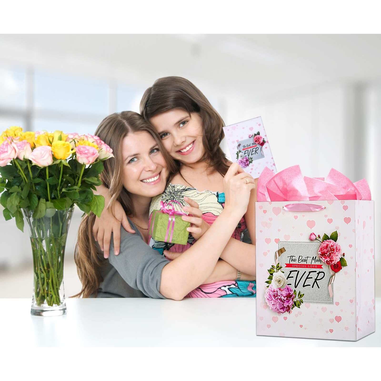 Whatsign Mothers Day Gift Bags With Handle 13"" Large Mother's Day Best Mom Ever Gifts Bags With Tissue Paper Happy Mothers Day Flowers Paper Gift Bags Birthady Gift Bag For Mom Grandmother Aunt Wife