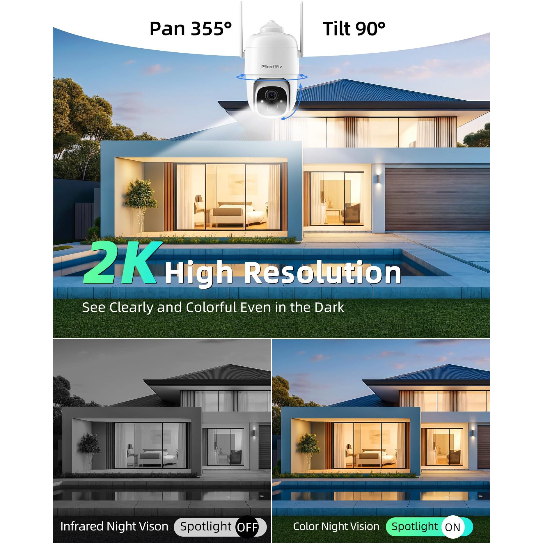 Maxiviz Solar Security Camera Wireless Outdoor, 360 View Outdoor Cameras For Home Security With Ai Motion Detection, 2K Color Night Vision, Two-Way Talk, Ip66 Weatherproof, Sd/Cloud Storage