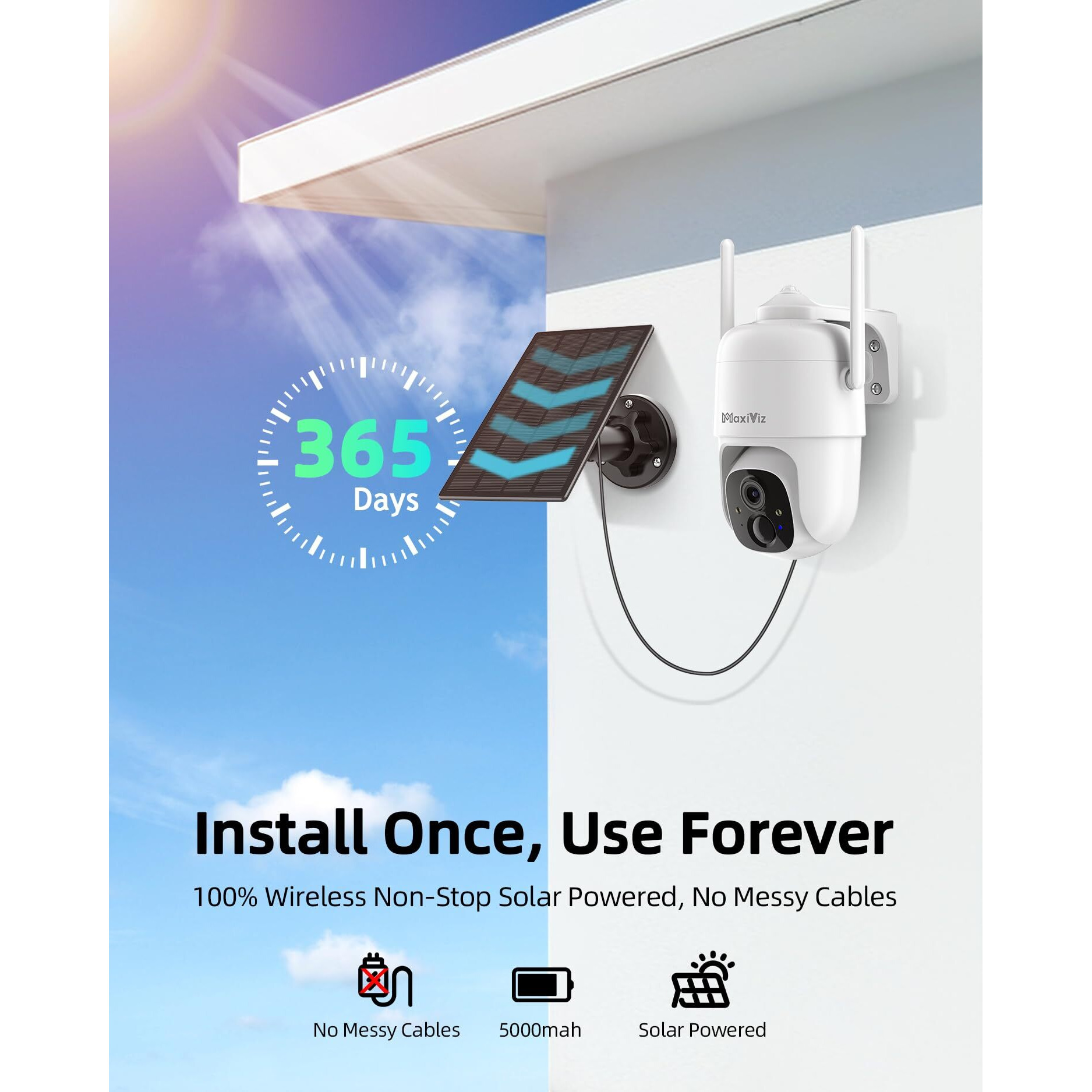 Maxiviz Solar Security Camera Wireless Outdoor, 360 View Outdoor Cameras For Home Security With Ai Motion Detection, 2K Color Night Vision, Two-Way Talk, Ip66 Weatherproof, Sd/Cloud Storage