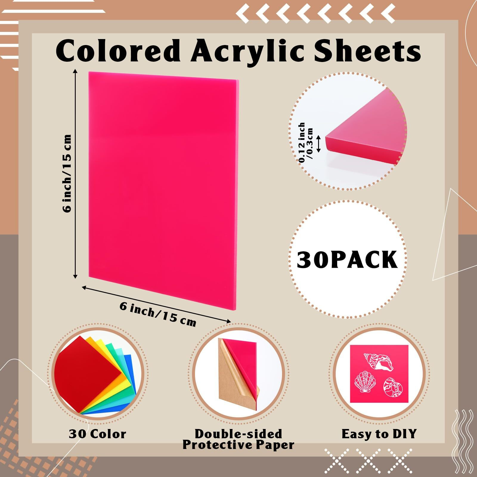 Geetery 30 Pack 6"" X 6"" Colored Acrylic Sheets 1/8"" Thick Laser Cutting Acrylic Sheets Colored Opaque Plastic Sheets Cast Glossy Acrylic Panels With Protective Paper For Diy Crafts Signs Home Decor