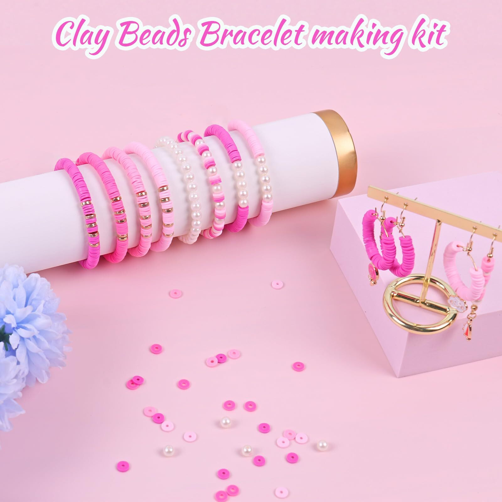 Wuollgess 3500 Pcs Pink Clay Beads Kit For Bracelets Making, Polymer Heishi Beads For Jewelry Making, Friendship Bracelet Kit For Girls Adults, Spacer Pearl Beads For Necklace Earring Diy