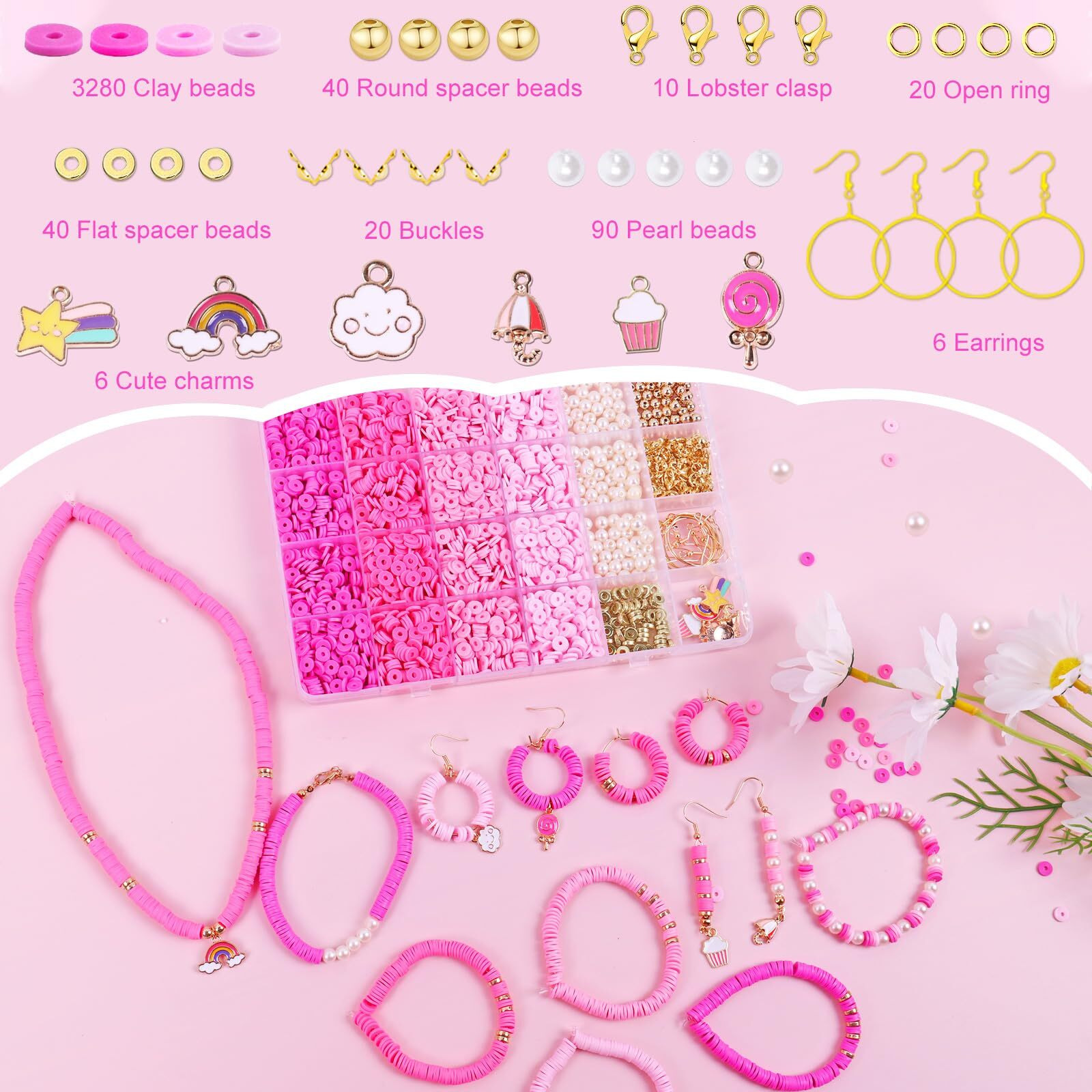 Wuollgess 3500 Pcs Pink Clay Beads Kit For Bracelets Making, Polymer Heishi Beads For Jewelry Making, Friendship Bracelet Kit For Girls Adults, Spacer Pearl Beads For Necklace Earring Diy