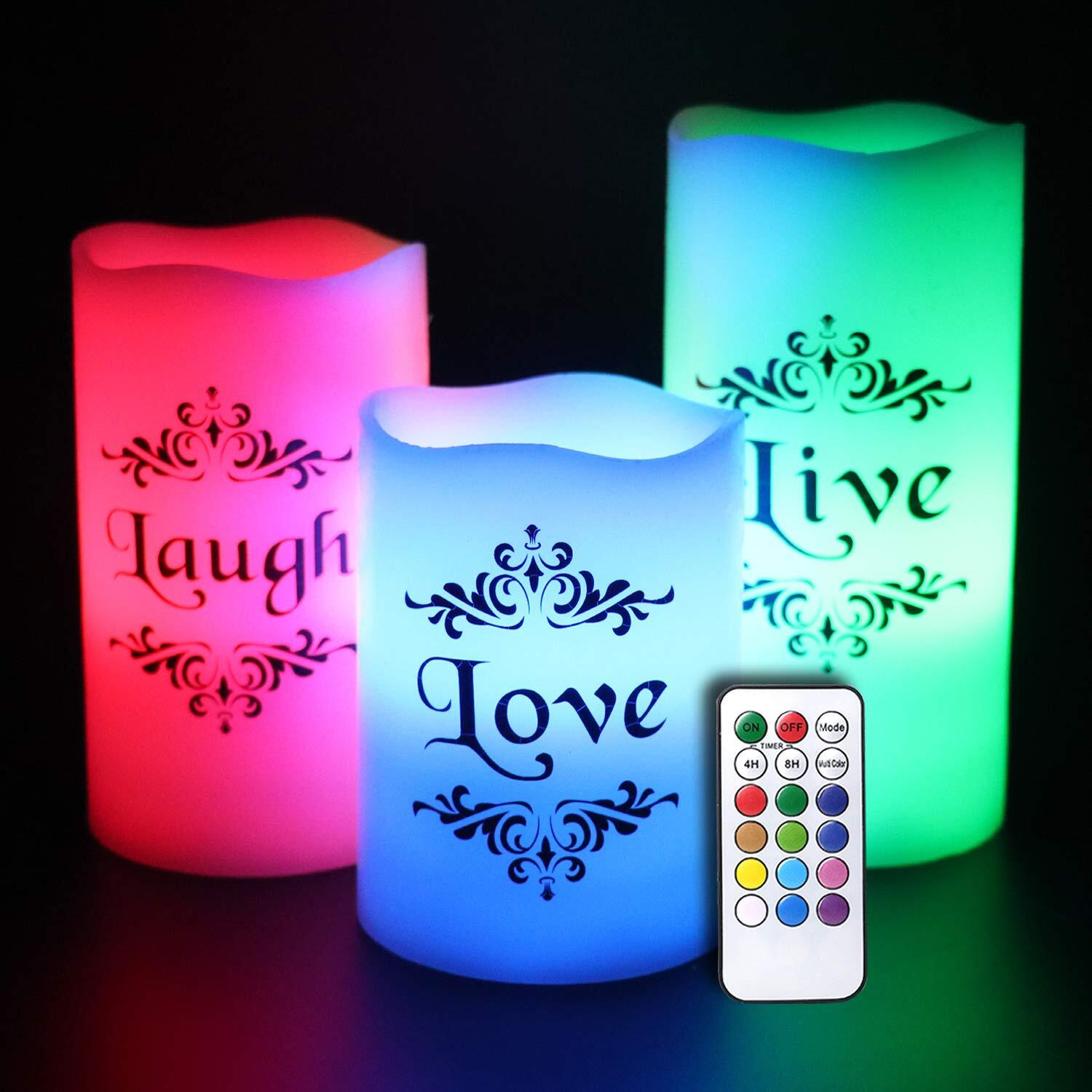 Dromance Color Changing Led Flameless Candles With 18-Key Remote And Timer, Live Love Laugh Decals Battery Operated Led Flickering Pillar Candles Valentine's Day Decor 3 X 4, 5, 6