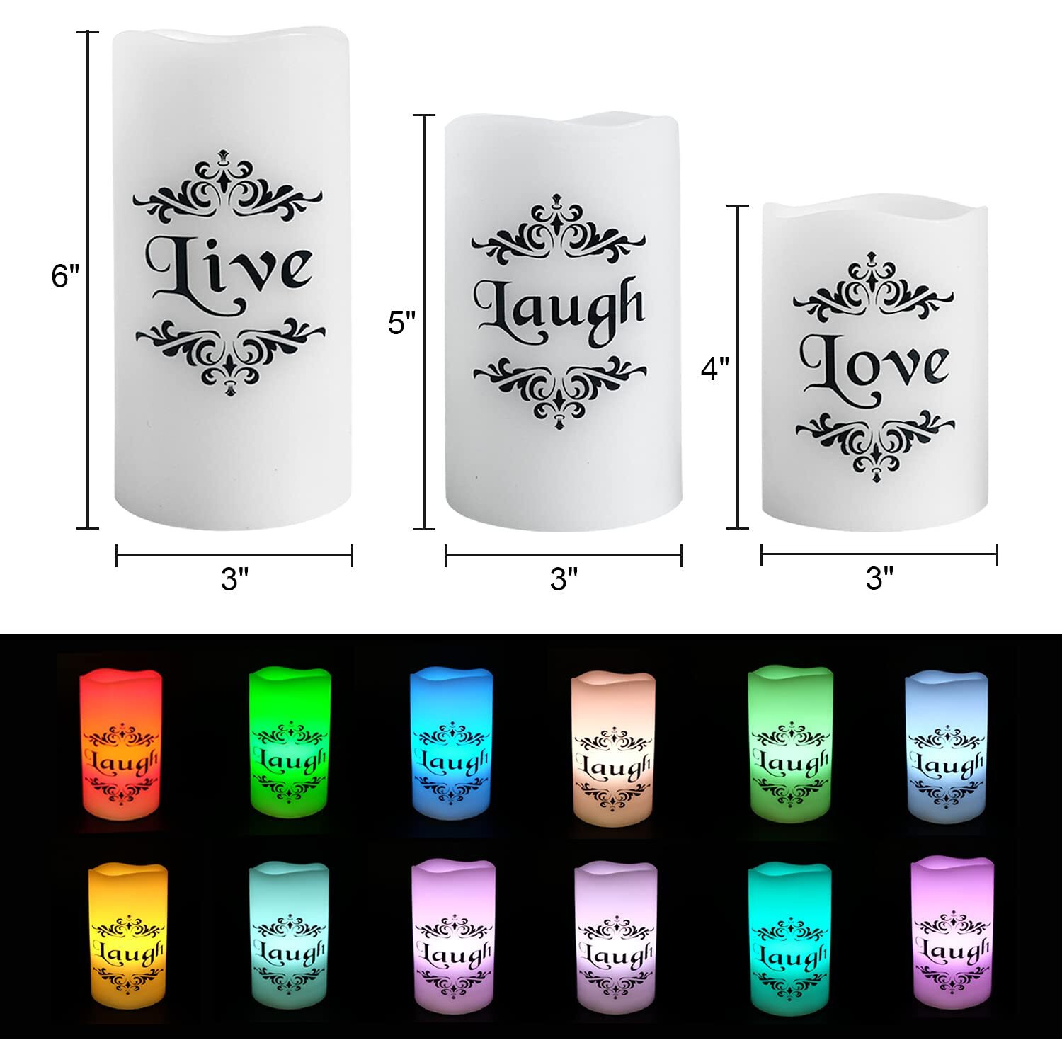 Dromance Color Changing Led Flameless Candles With 18-Key Remote And Timer, Live Love Laugh Decals Battery Operated Led Flickering Pillar Candles Valentine's Day Decor 3 X 4, 5, 6