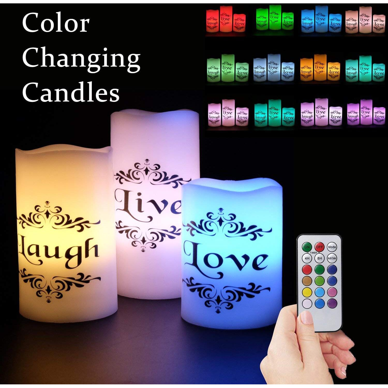 Dromance Color Changing Led Flameless Candles With 18-Key Remote And Timer, Live Love Laugh Decals Battery Operated Led Flickering Pillar Candles Valentine's Day Decor 3 X 4, 5, 6