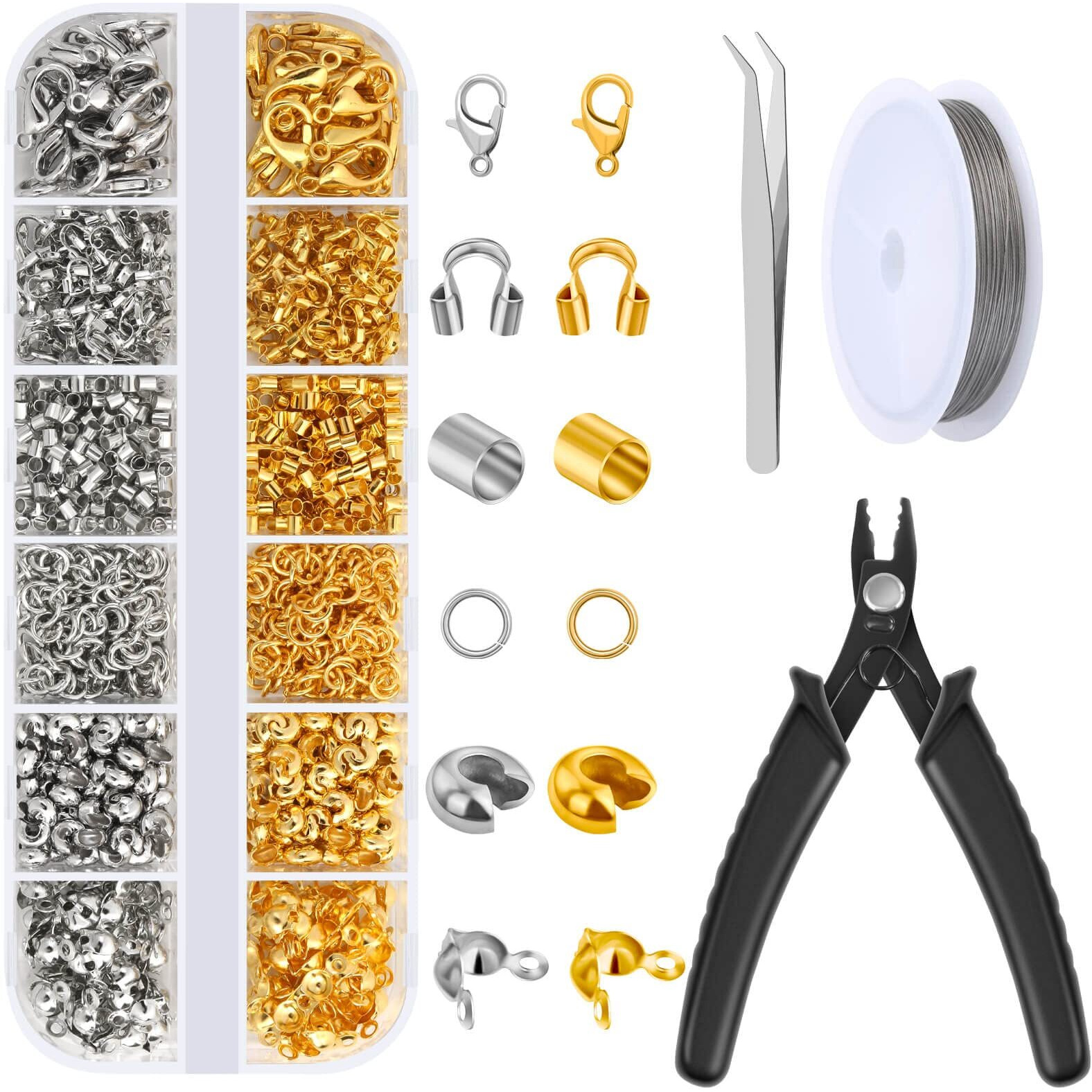 Acejoz 1200 Pcs Crimp Beads Kit For Jewelry Making, Crimp Beads, Covers, Tubes And Wire Guardians, Lobster Clasps, Jump Rings, Crimping Pliers And Beading Wire