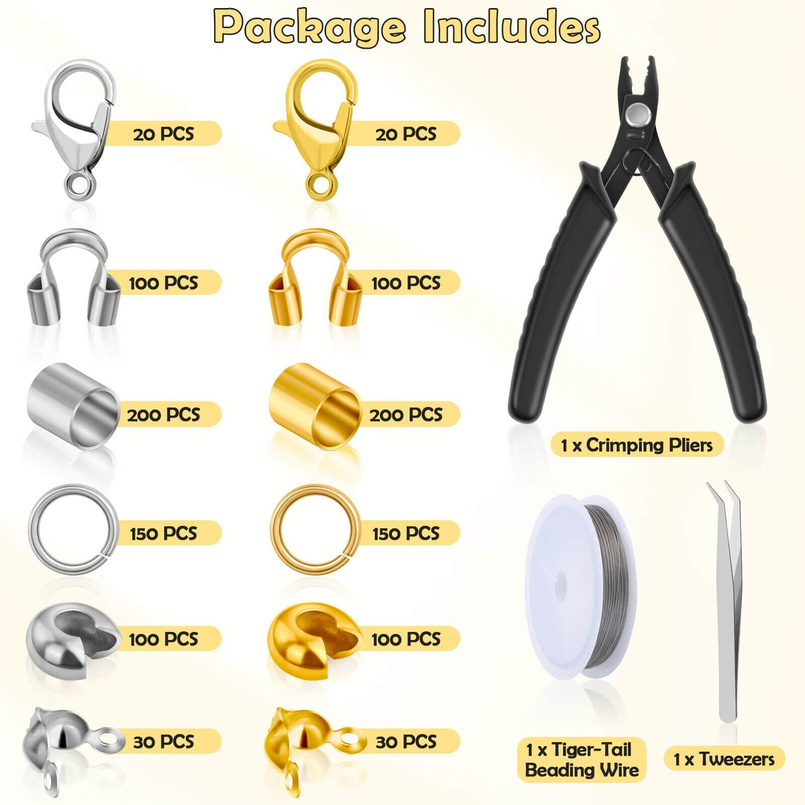 Acejoz 1200 Pcs Crimp Beads Kit For Jewelry Making, Crimp Beads, Covers, Tubes And Wire Guardians, Lobster Clasps, Jump Rings, Crimping Pliers And Beading Wire