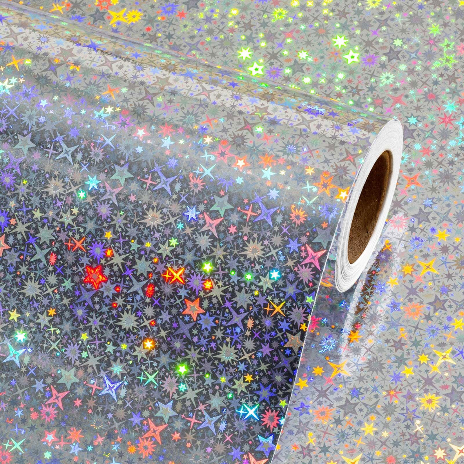 Flyhill Sliver Wrapping Paper With Gridlines-17Inch*32.8Ft(46.8Sqft-Holographic Foil Wrapping Paper With Iridescent Star For Christmas,Birthday,Holiday,Bride Shower