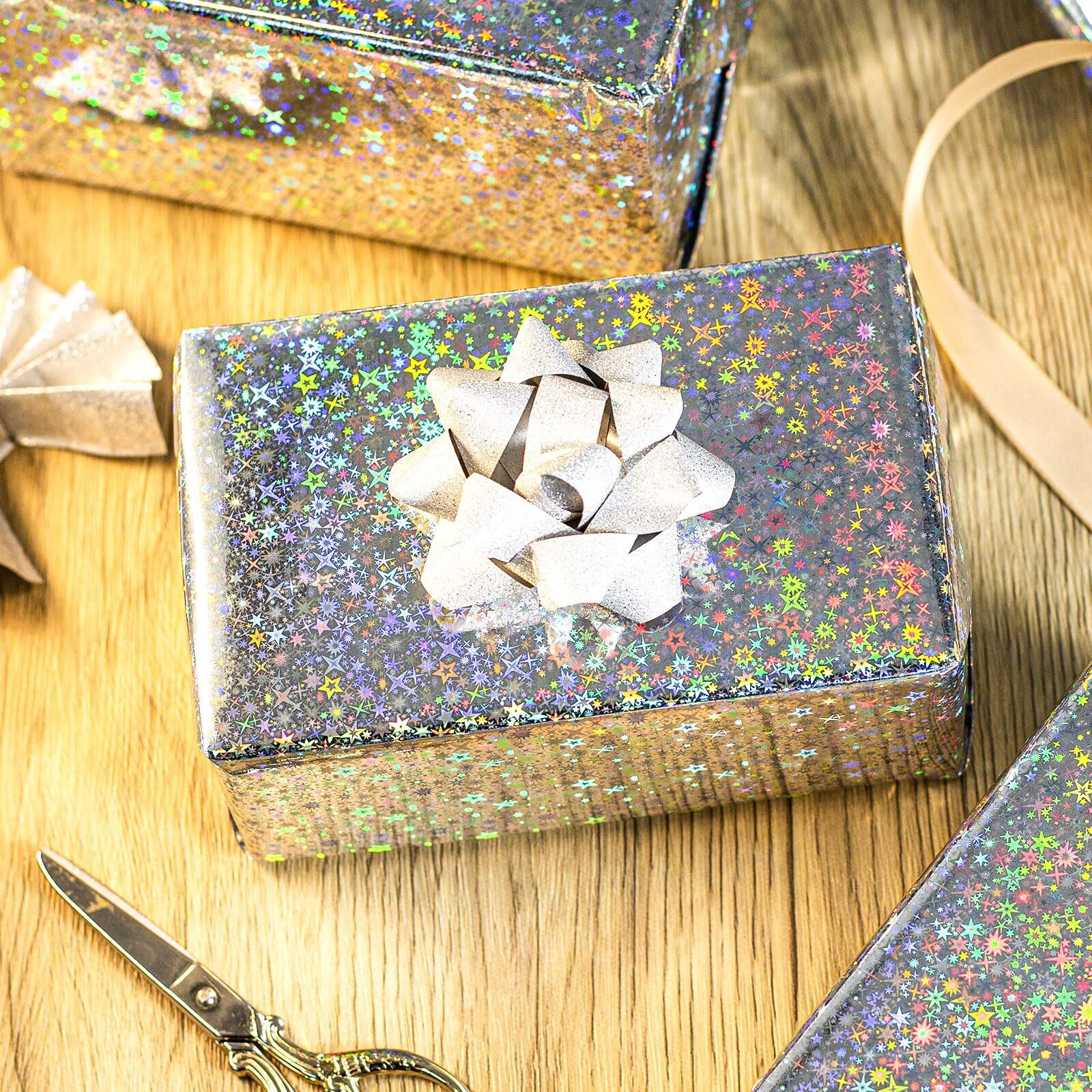 Flyhill Sliver Wrapping Paper With Gridlines-17Inch*32.8Ft(46.8Sqft-Holographic Foil Wrapping Paper With Iridescent Star For Christmas,Birthday,Holiday,Bride Shower