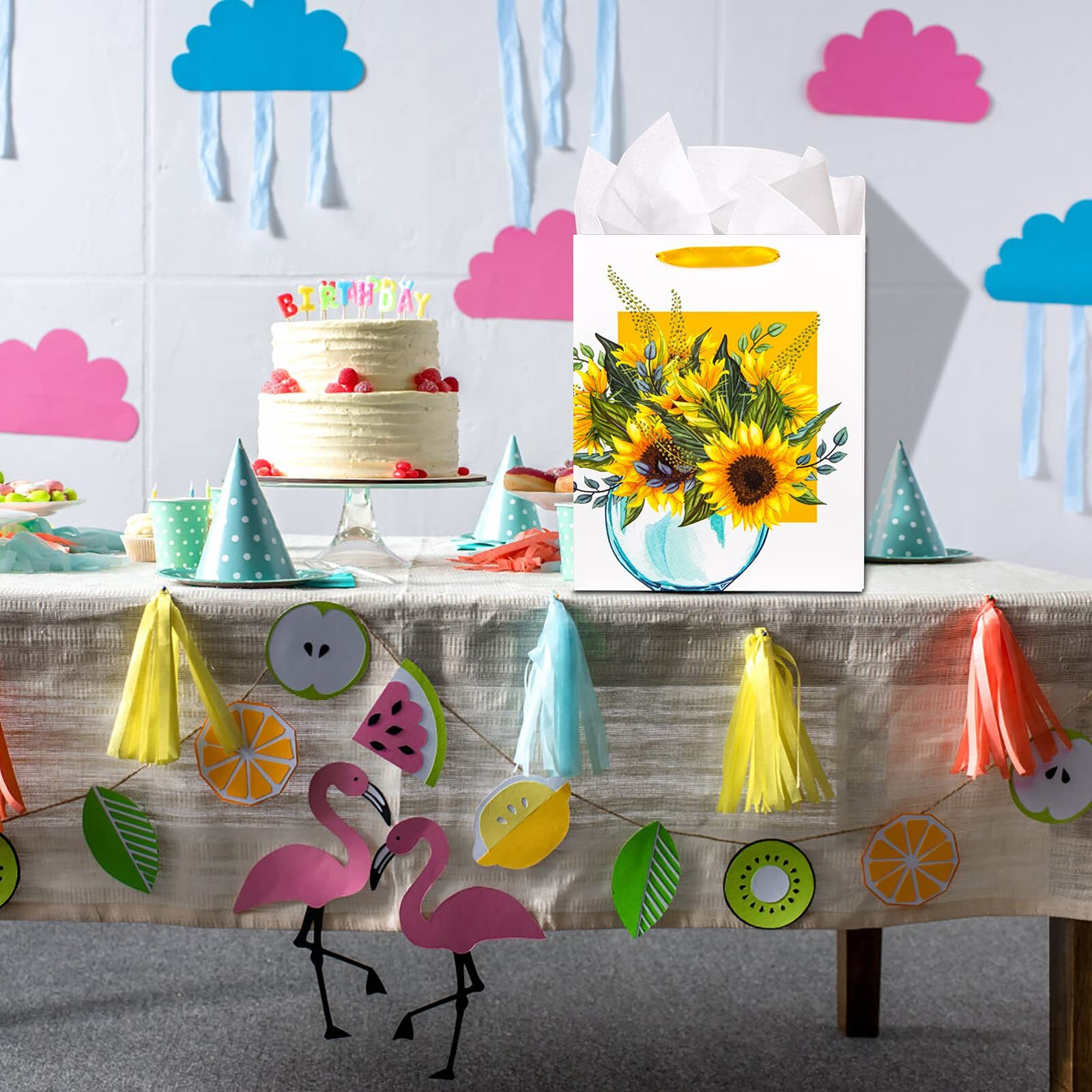 Facraft Sunflower Gift Bag 13"" Watercolor Flower And Vase Gift Bag Large Gift Bag With Tissue Paper For Birthdays, Mothers Day,Anniversary,Baby Shower,Bridal Shower Sunflower Party Supplies