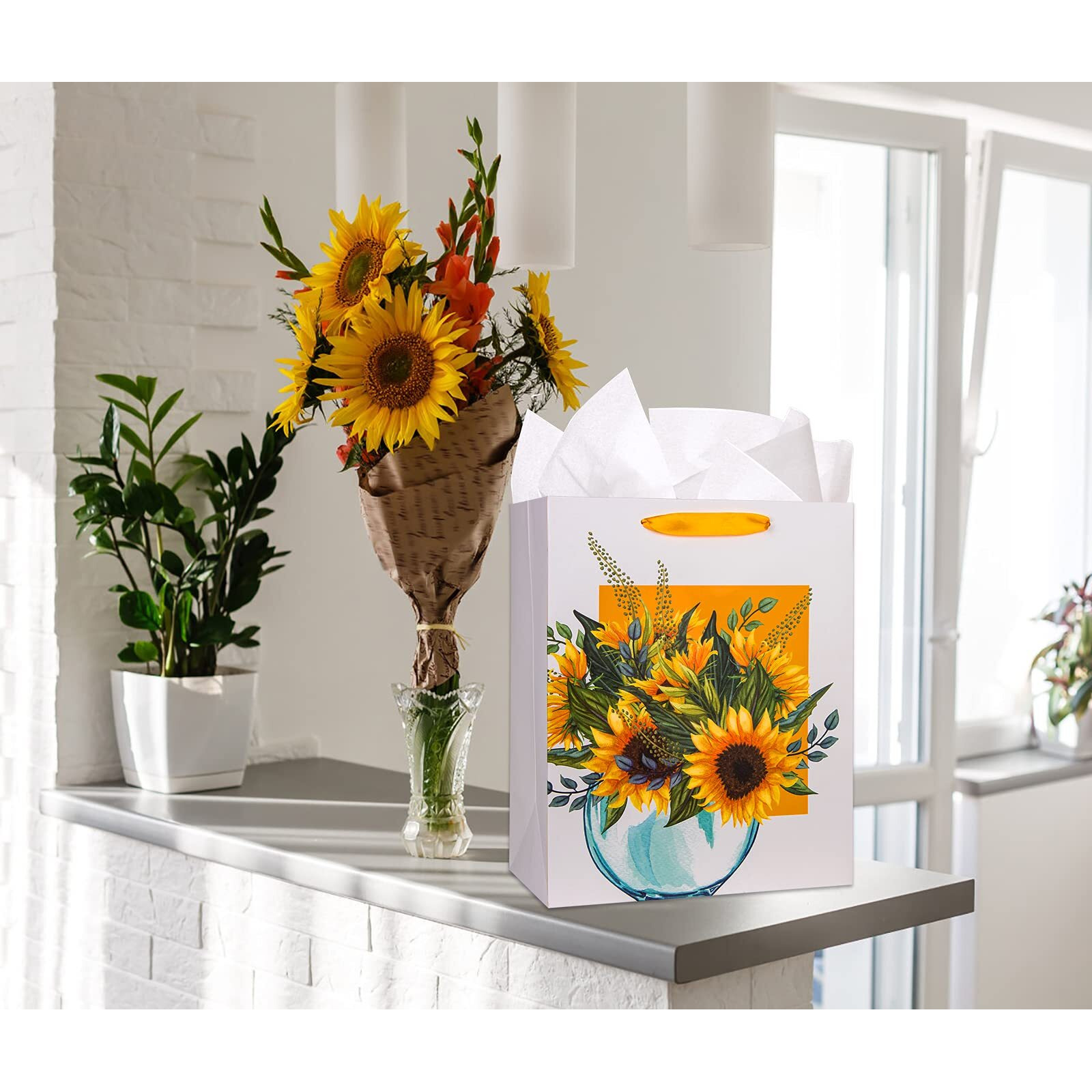 Facraft Sunflower Gift Bag 13"" Watercolor Flower And Vase Gift Bag Large Gift Bag With Tissue Paper For Birthdays, Mothers Day,Anniversary,Baby Shower,Bridal Shower Sunflower Party Supplies