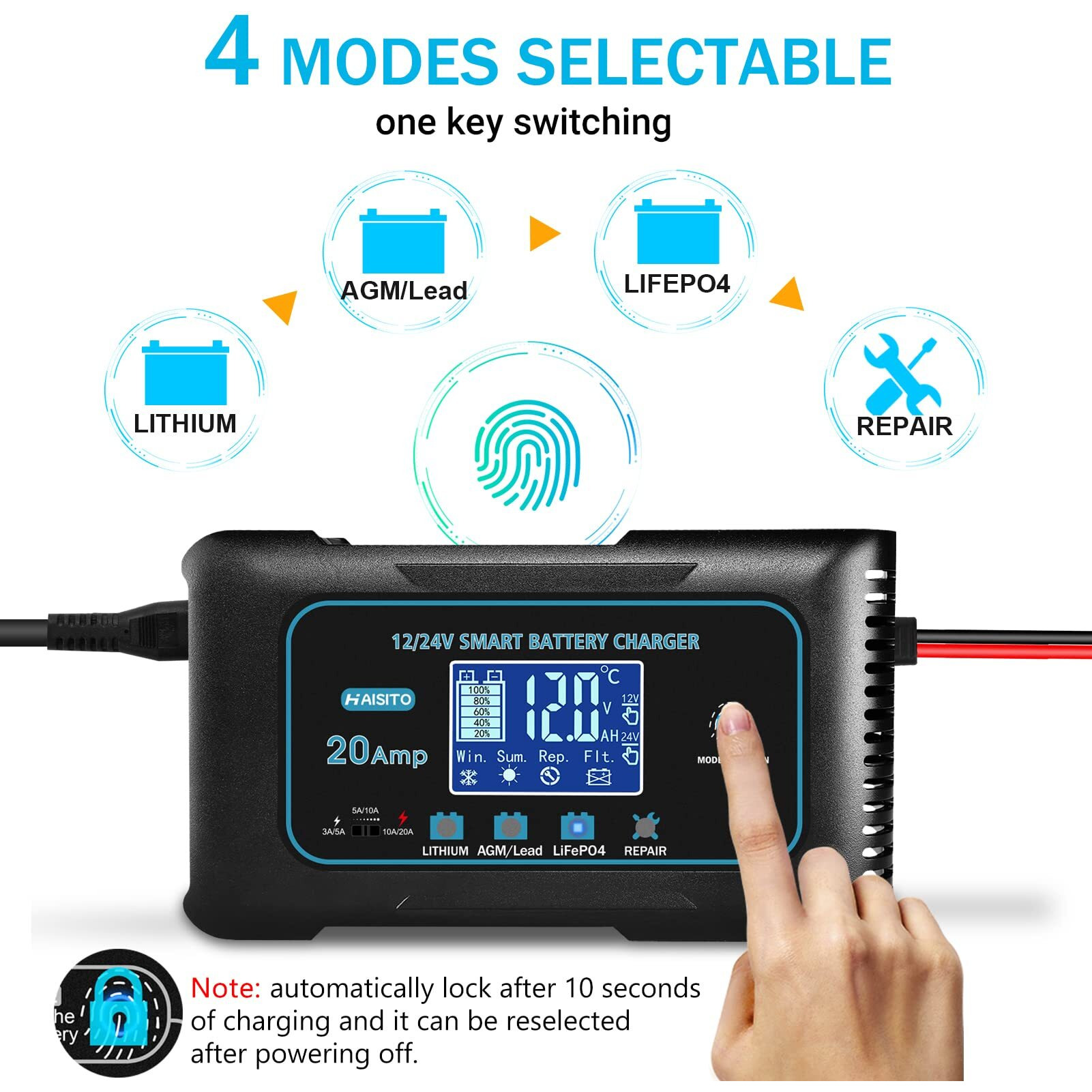 20 Amp Lithium Battery Charger, 12V And 24V Lifepo4,Lead-Acid(Agm/Gel/Sla..) Portable Car Battery Charger,Battery Maintainer, Trickle Charger, And Battery Desulfator For Car,Boat,Motorcycle