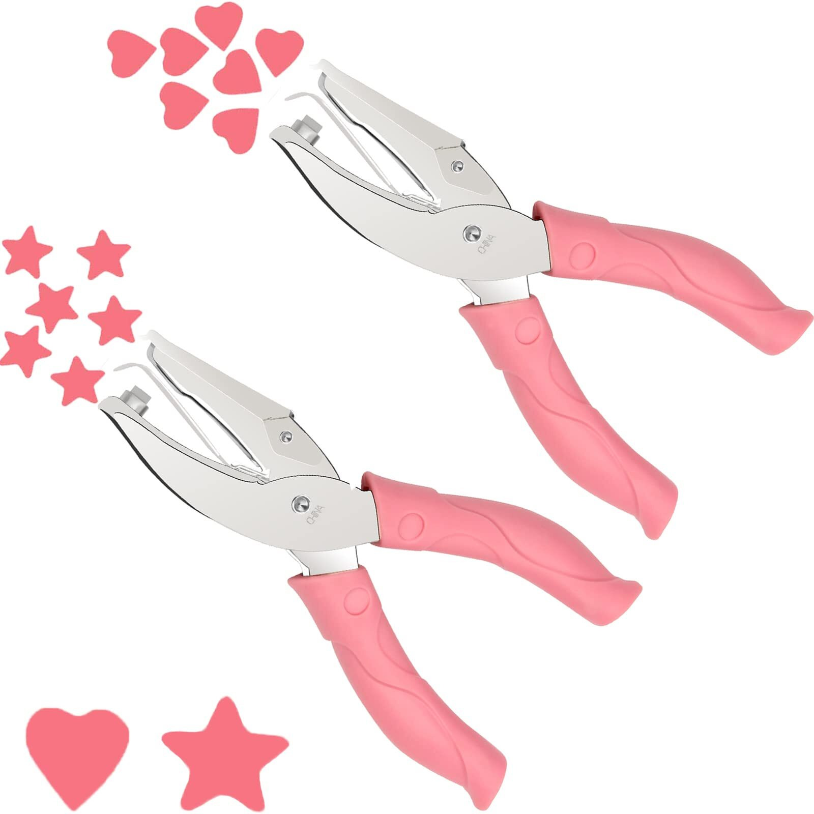 2 Pieces Handheld Hole Paper Punch, Pletpet Heart Hole Punch + Star Hole Punch 1/4 Inch Metal Single Hole Paper Punch, With Soft-Handled For Tags Clothing Ticket (Heart+Star) (Star+Heart)