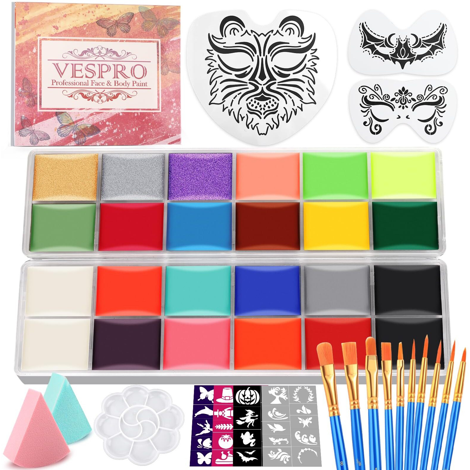 Face Painting Kit For Kids Party,22 Colors Face Paint Kit Includes Paint Tray,Sponges,Brushes And Stencils,Professional Face Painting Kit Non Toxic For Kids And Adults Halloween Makeup