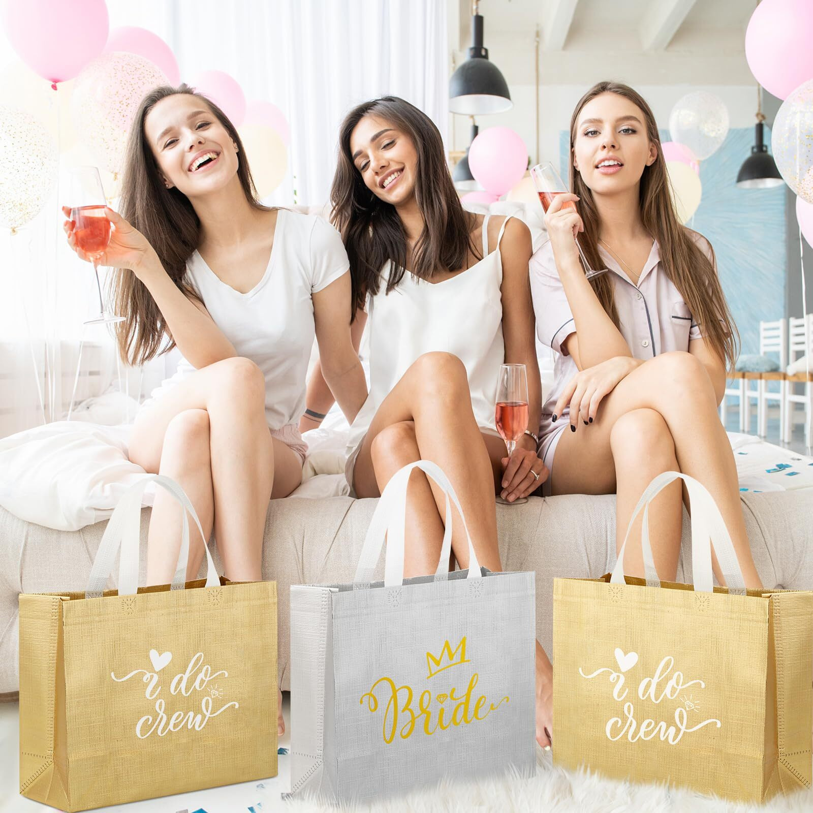 Sweetude 24 Pcs Bridesmaid Gift Bags Including 12 Pcs I Do Crew Bachelorette Bags, 12 Pcs Silk Bridesmaid Scrunchies Bridal Party Gifts Reusable Bridesmaid Gifts For Wedding Bridal (Silver, Gold)