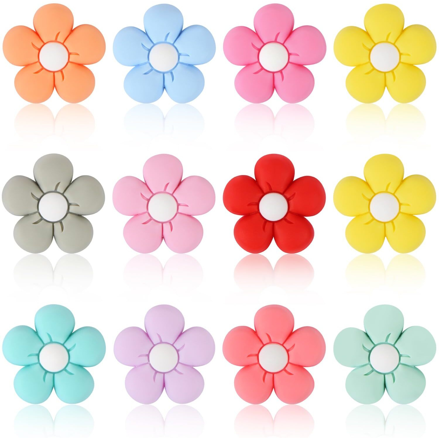 12 Pcs Flower Silicone Beads, Evermarket Colorful Silicone Focal Beads For Pens, Cute Daisy Flowers Silicone Beads Bulk, Rubber Loose Beads For Keychain Making Crafts Necklace Bracelet Lanyard
