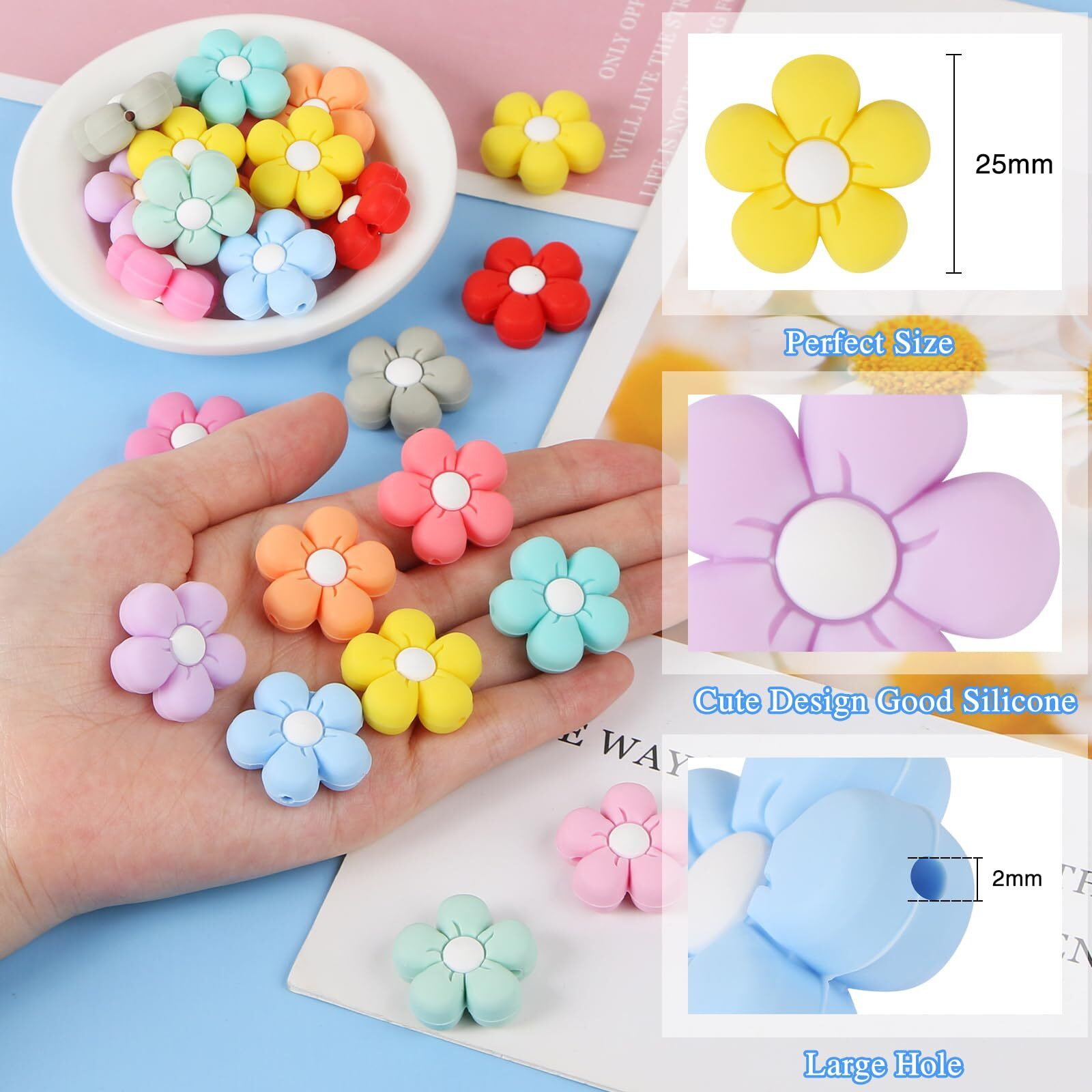 12 Pcs Flower Silicone Beads, Evermarket Colorful Silicone Focal Beads For Pens, Cute Daisy Flowers Silicone Beads Bulk, Rubber Loose Beads For Keychain Making Crafts Necklace Bracelet Lanyard