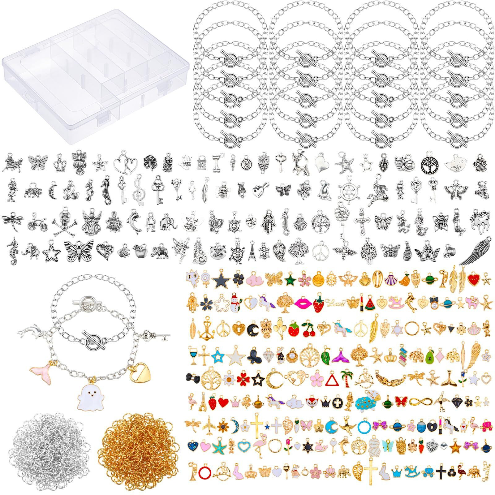 Riceshoot 321 Pcs Charm Bracelet Making Kit Bracelet Chains With Ot Toggle Clasp Gold Enamel Pendants Mixed Tibetan Silver Plastic Storage Box And Open Jump Rings For Women Girls Diy Jewelry Making