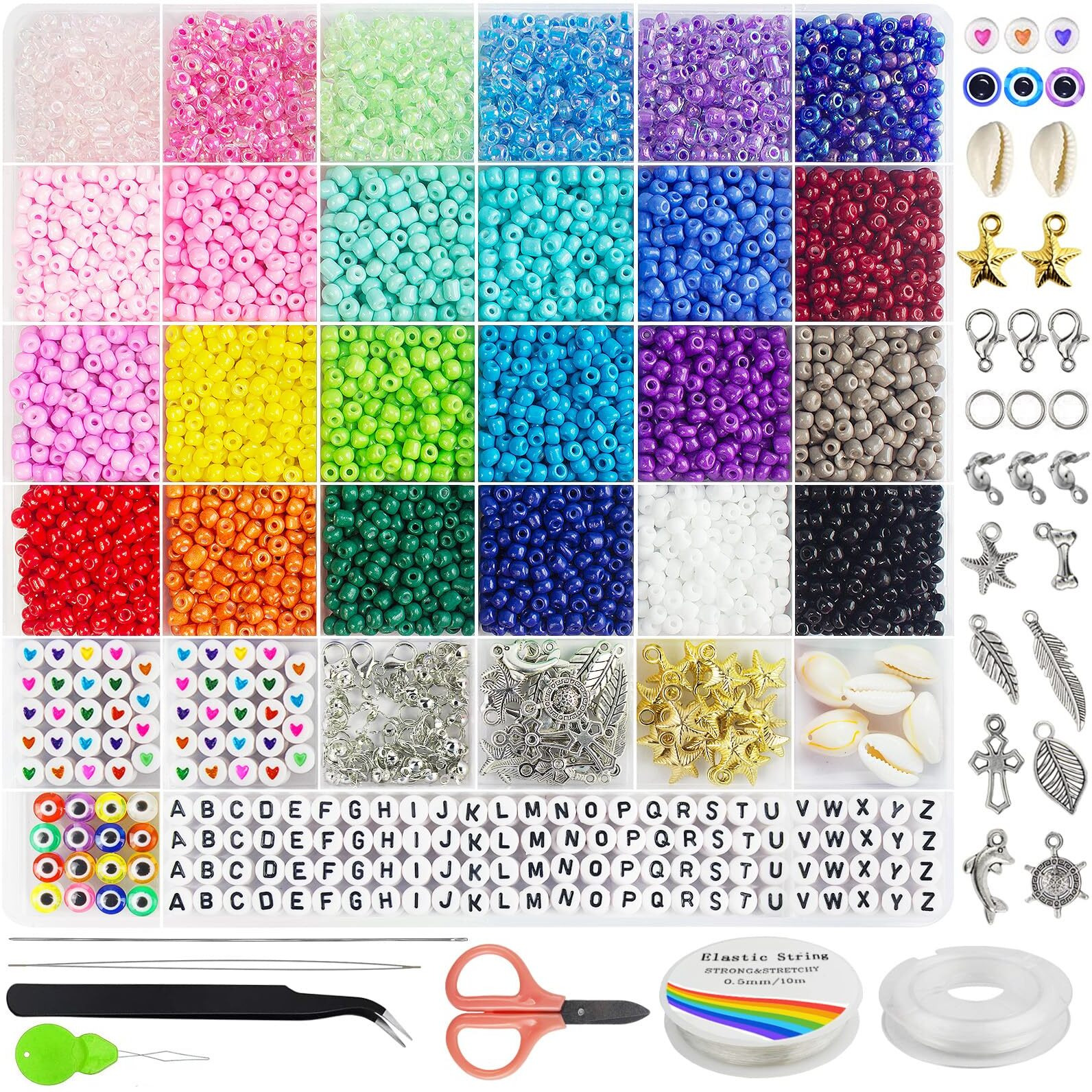 Redtwo 3400Pcs 4Mm Glass Seed Beads For Jewelry Bracelet Making Kit, Small Beads Friendship Bracelet Kit, Tiny Waist Beads Kit With Letter Beads And Elastic String, Diy Art Craft Girls Gifts.