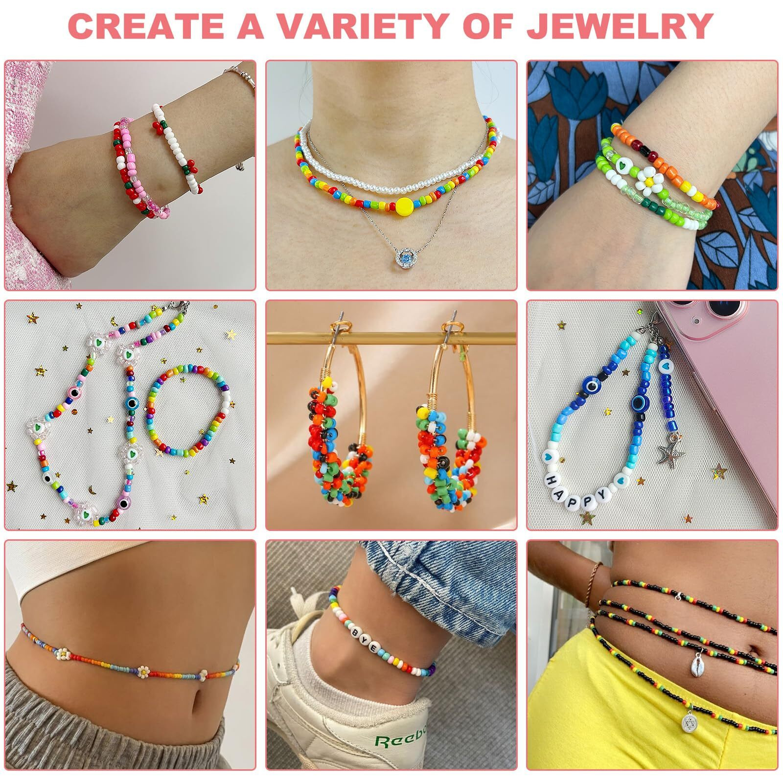 Redtwo 3400Pcs 4Mm Glass Seed Beads For Jewelry Bracelet Making Kit, Small Beads Friendship Bracelet Kit, Tiny Waist Beads Kit With Letter Beads And Elastic String, Diy Art Craft Girls Gifts.