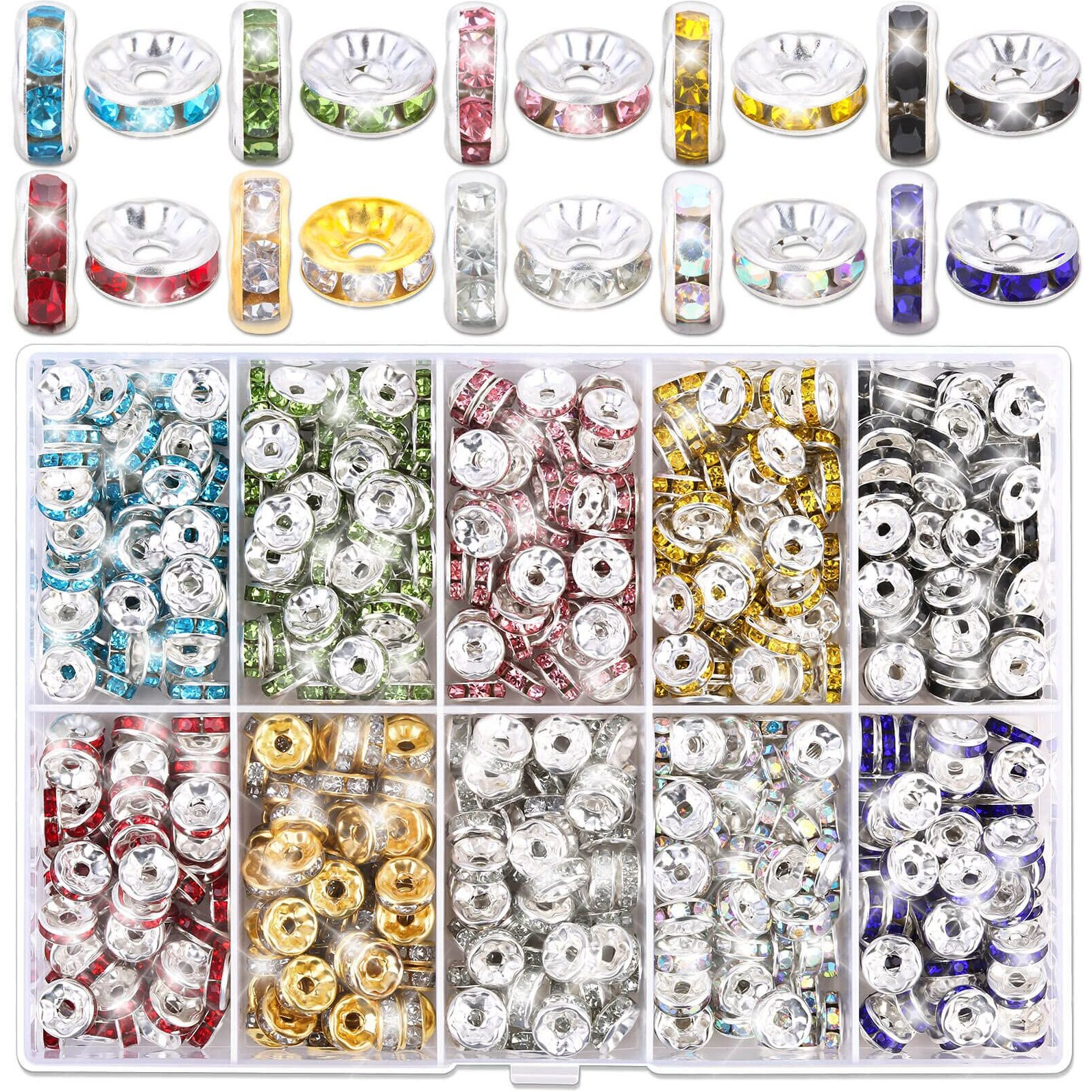 Rondelle Spacer Beads For Jewelry Making, 600 Pieces Rhinestone Spacer Beads Crystal Bead Spacers For Jewelry Making, Bracelets (10 Colors)