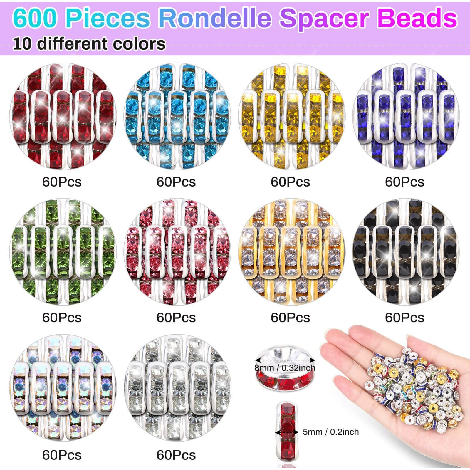 Rondelle Spacer Beads For Jewelry Making, 600 Pieces Rhinestone Spacer Beads Crystal Bead Spacers For Jewelry Making, Bracelets (10 Colors)