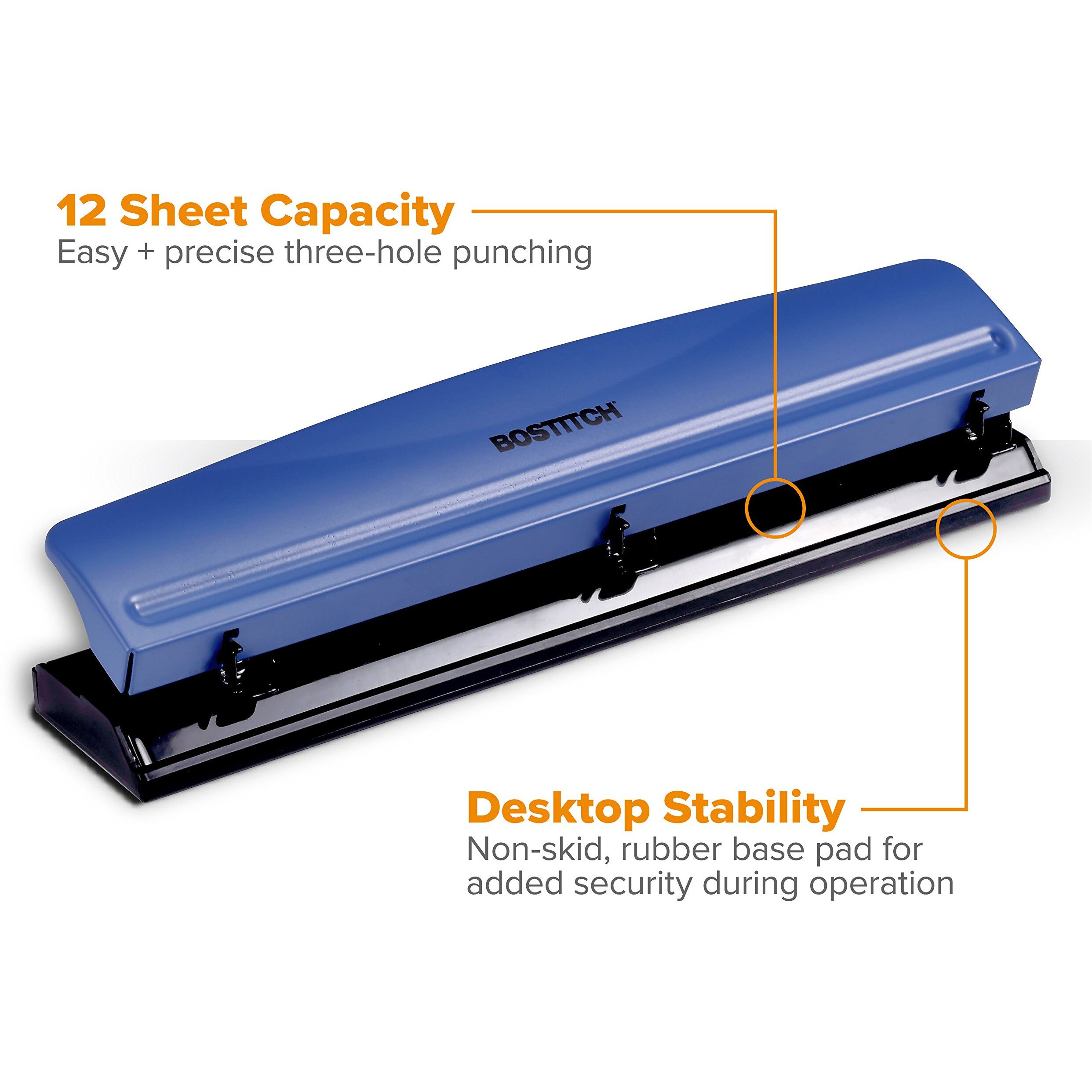 Bostitch Office Premium 3 Hole Punch, 12 Sheet Capacity, Metal, Rubber Base, Easy-Clean Tray, Silver