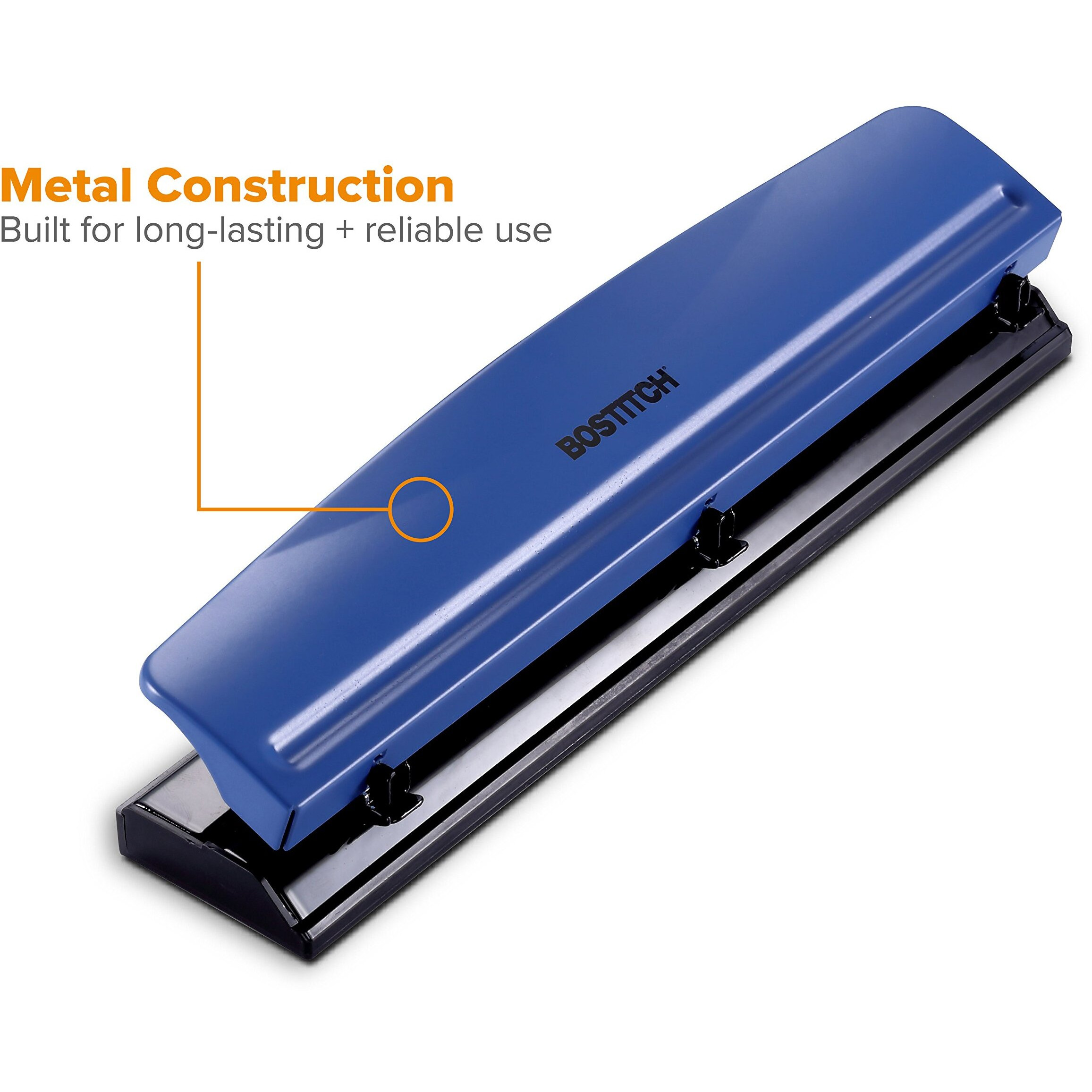 Bostitch Office Premium 3 Hole Punch, 12 Sheet Capacity, Metal, Rubber Base, Easy-Clean Tray, Silver