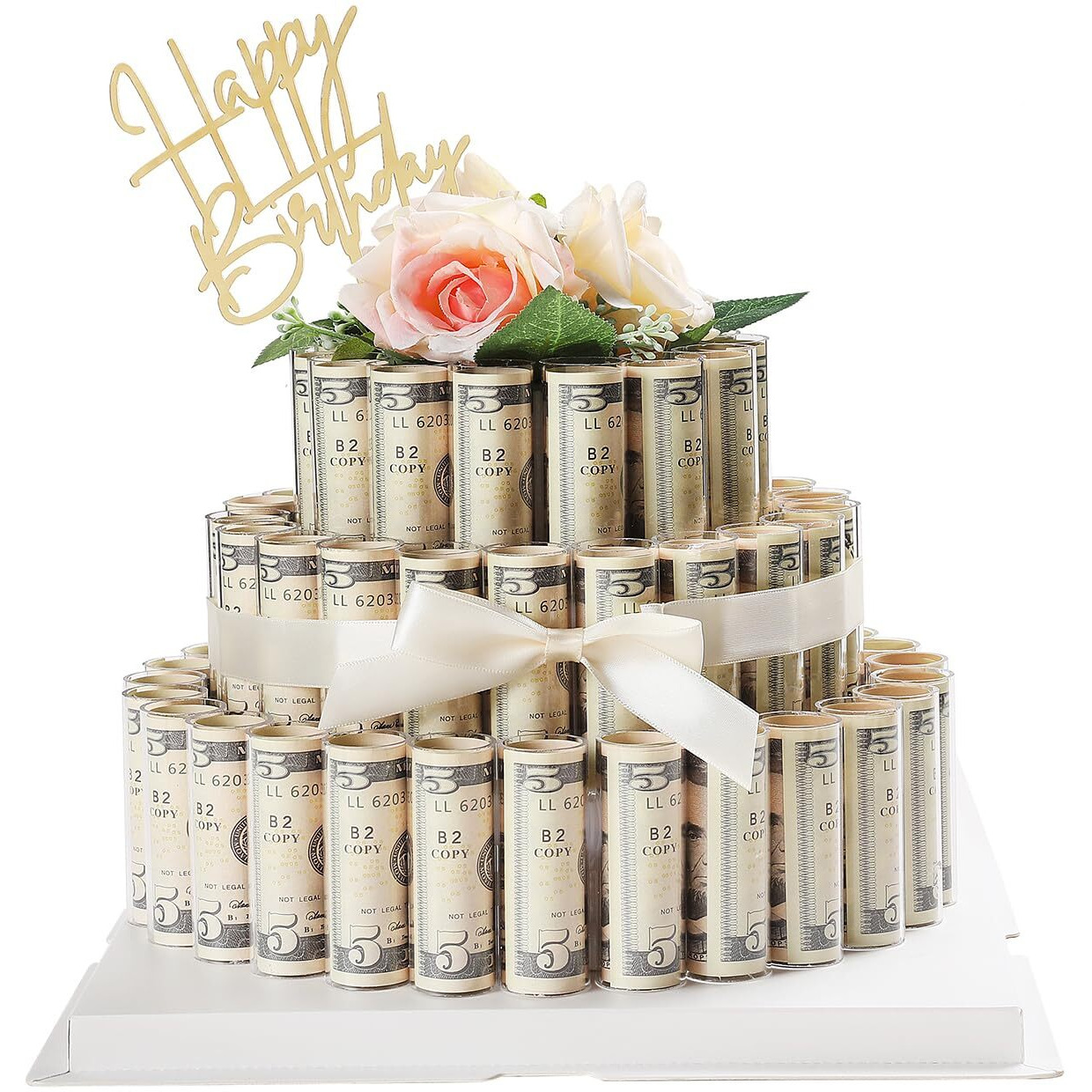 Nithecon Money Cake - Fake Rose Flower Cake Gift Box Birthday Gifts For Her And Him Gift Ideas,Surprise Money Box For Cash Gift Pull - 3 Tier