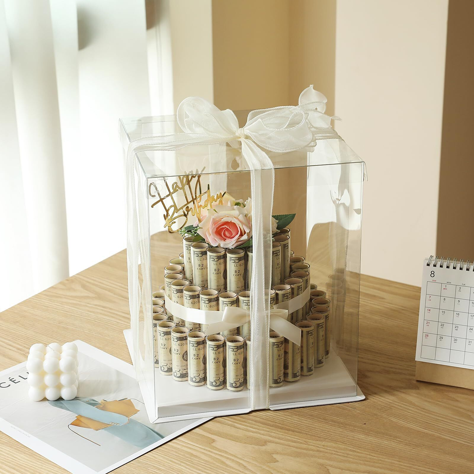 Nithecon Money Cake - Fake Rose Flower Cake Gift Box Birthday Gifts For Her And Him Gift Ideas,Surprise Money Box For Cash Gift Pull - 3 Tier