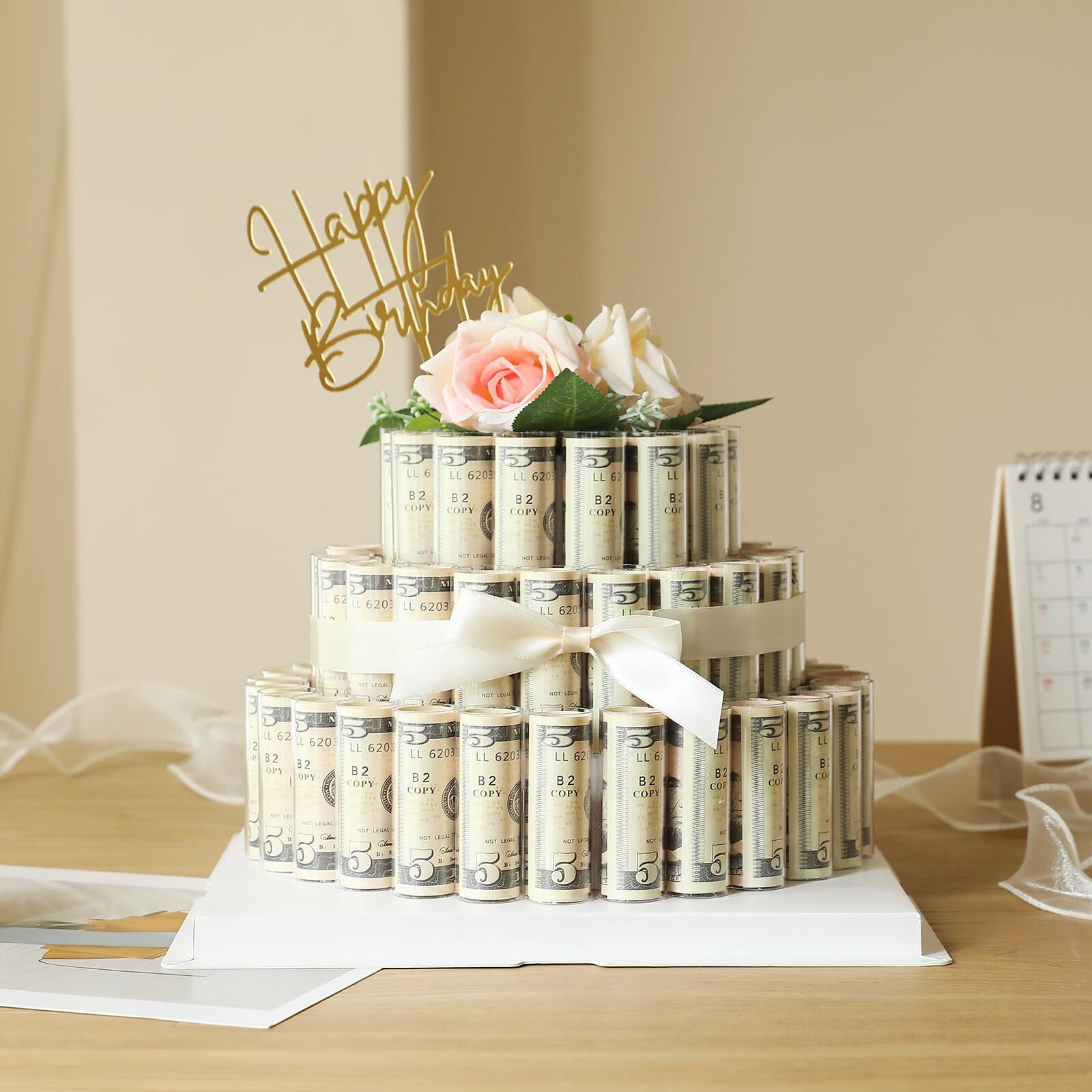 Nithecon Money Cake - Fake Rose Flower Cake Gift Box Birthday Gifts For Her And Him Gift Ideas,Surprise Money Box For Cash Gift Pull - 3 Tier