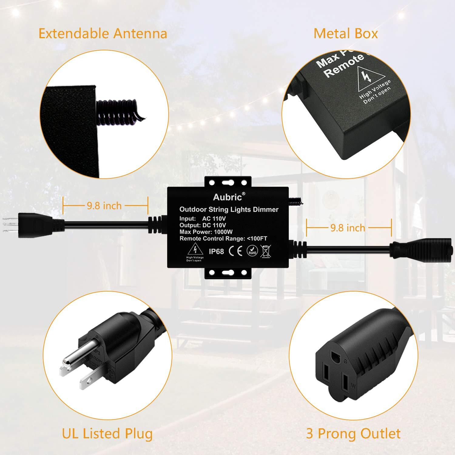 Outdoor Dimmer Switch For String Lights, 1000W Max Power Ip68 Waterproof Wireless Rf Remote Control Timer Switch, 3 Prong Outlet Plug-In Dimmer For Dimmable Led String Lights Patio Lights
