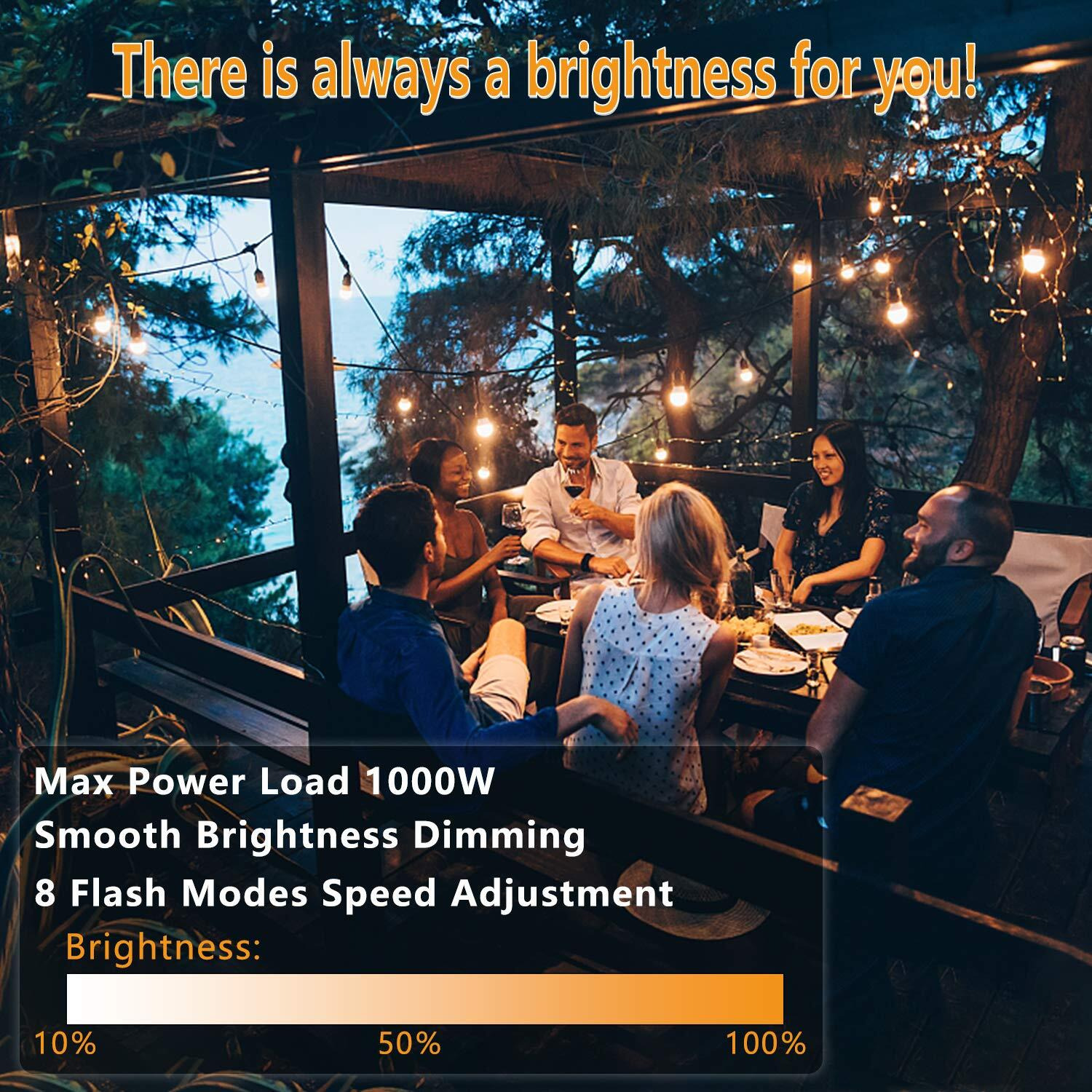 Outdoor Dimmer Switch For String Lights, 1000W Max Power Ip68 Waterproof Wireless Rf Remote Control Timer Switch, 3 Prong Outlet Plug-In Dimmer For Dimmable Led String Lights Patio Lights
